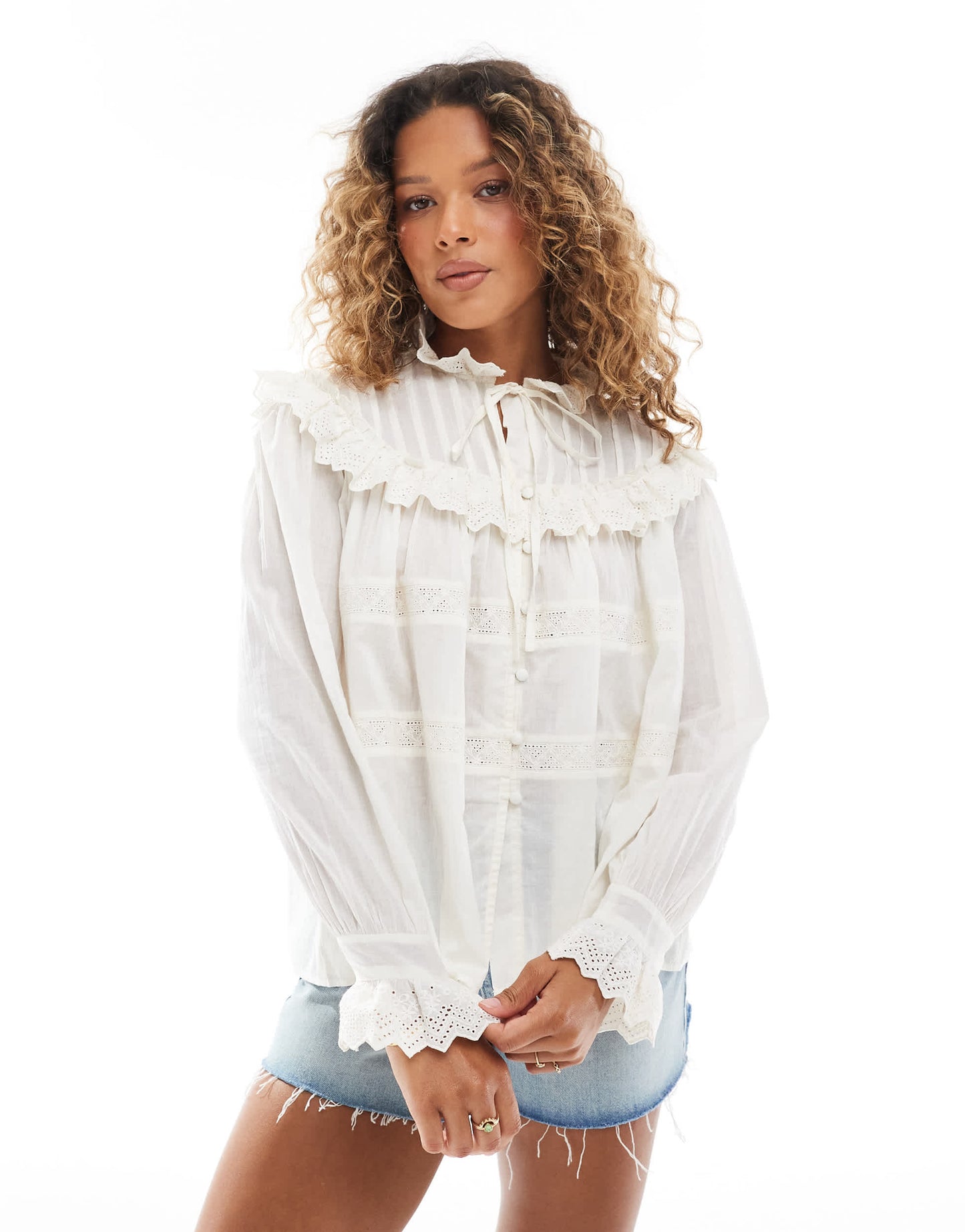 ASOS DESIGN broderie frill detail shirt with lace inserts in cream