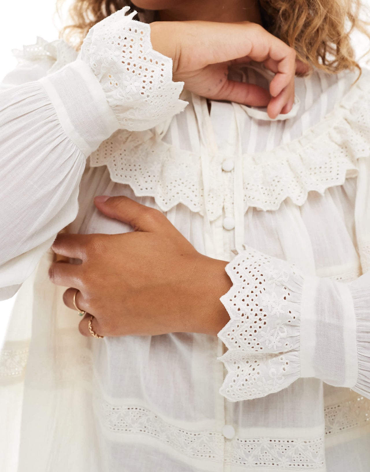 ASOS DESIGN broderie frill detail shirt with lace inserts in cream