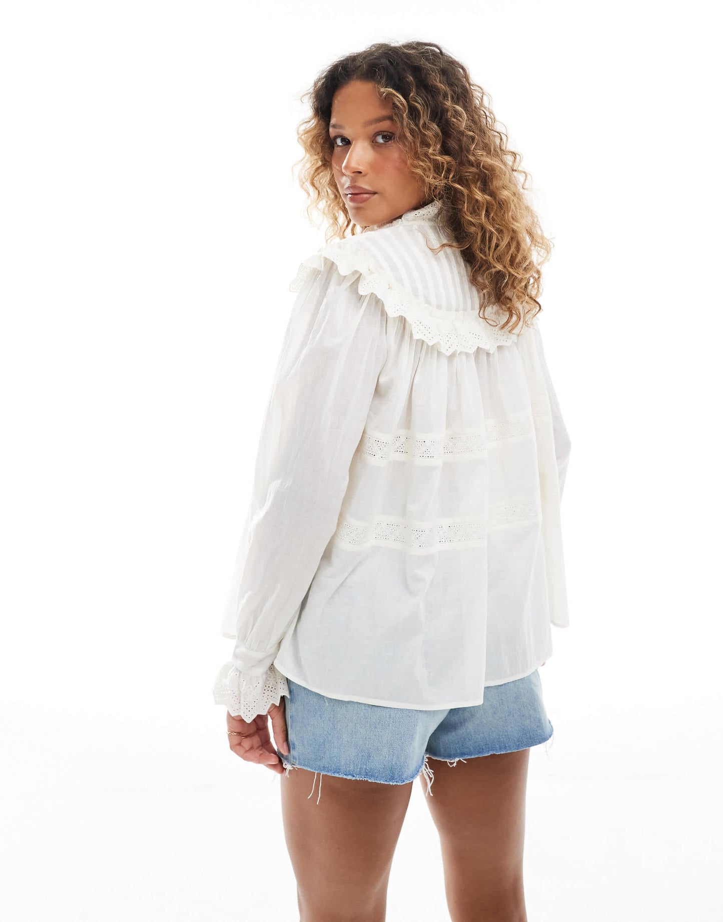 ASOS DESIGN broderie frill detail shirt with lace inserts in cream