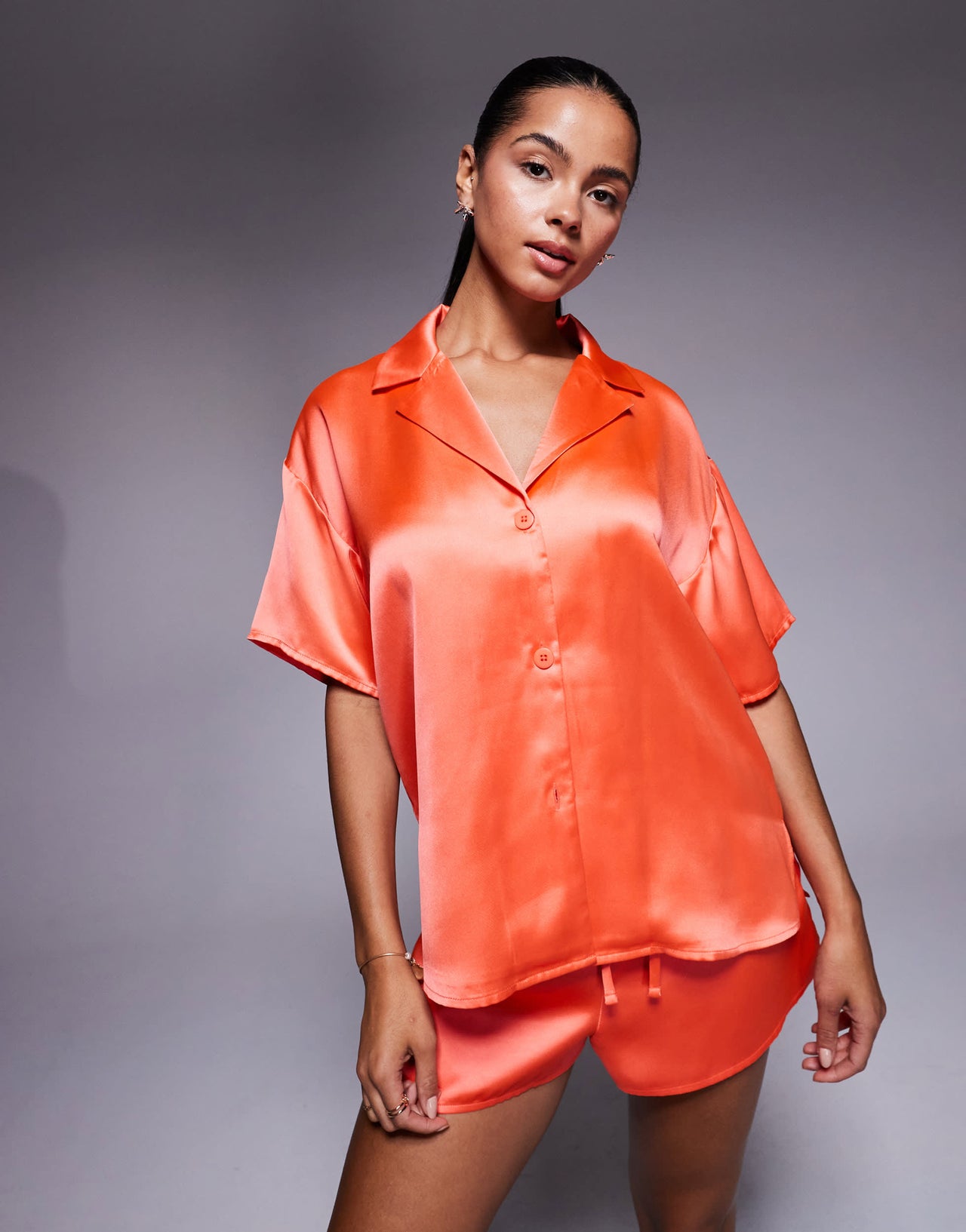 ASOS DESIGN short sleeve satin co-ord shirt in coral