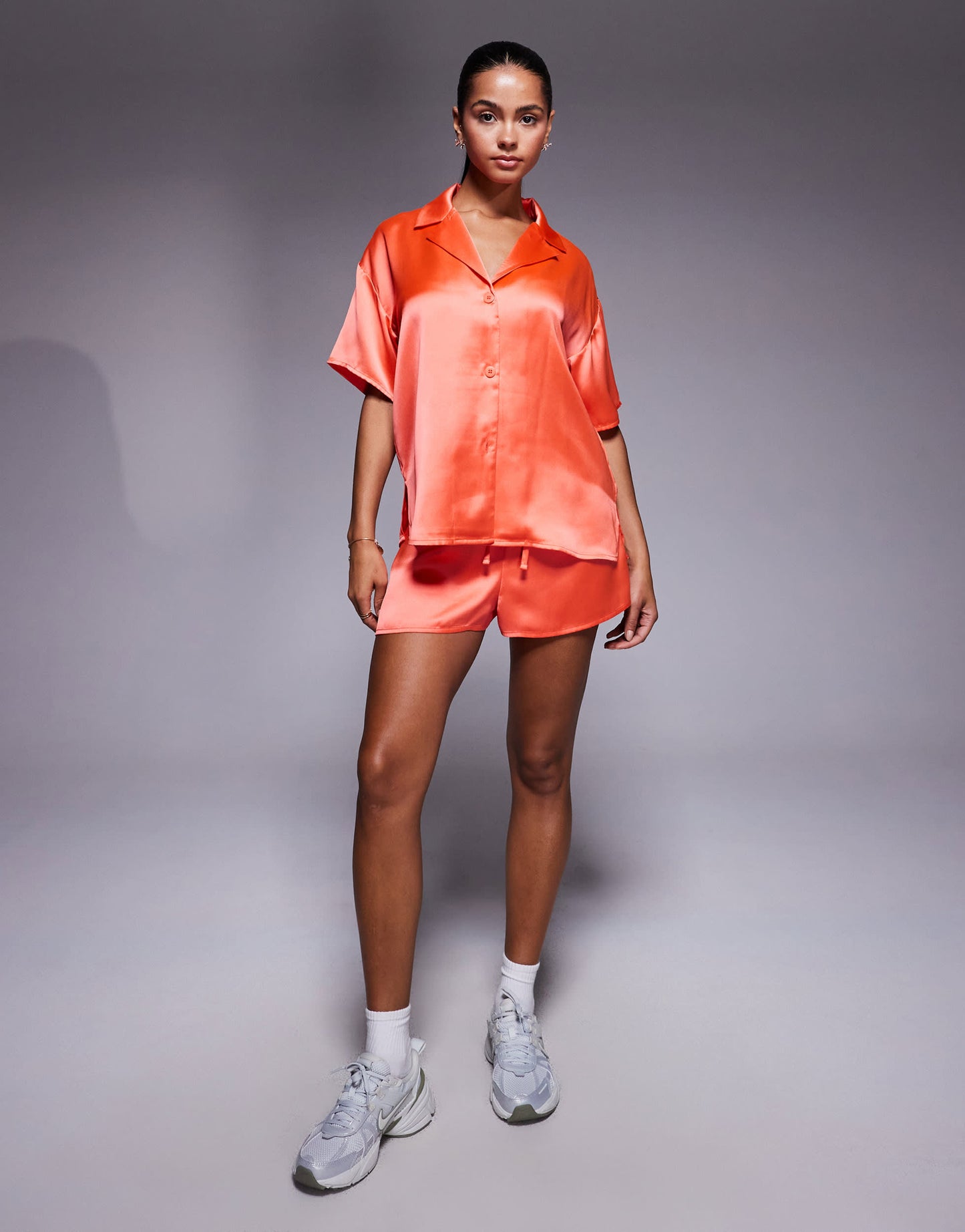 ASOS DESIGN short sleeve satin co-ord shirt in coral