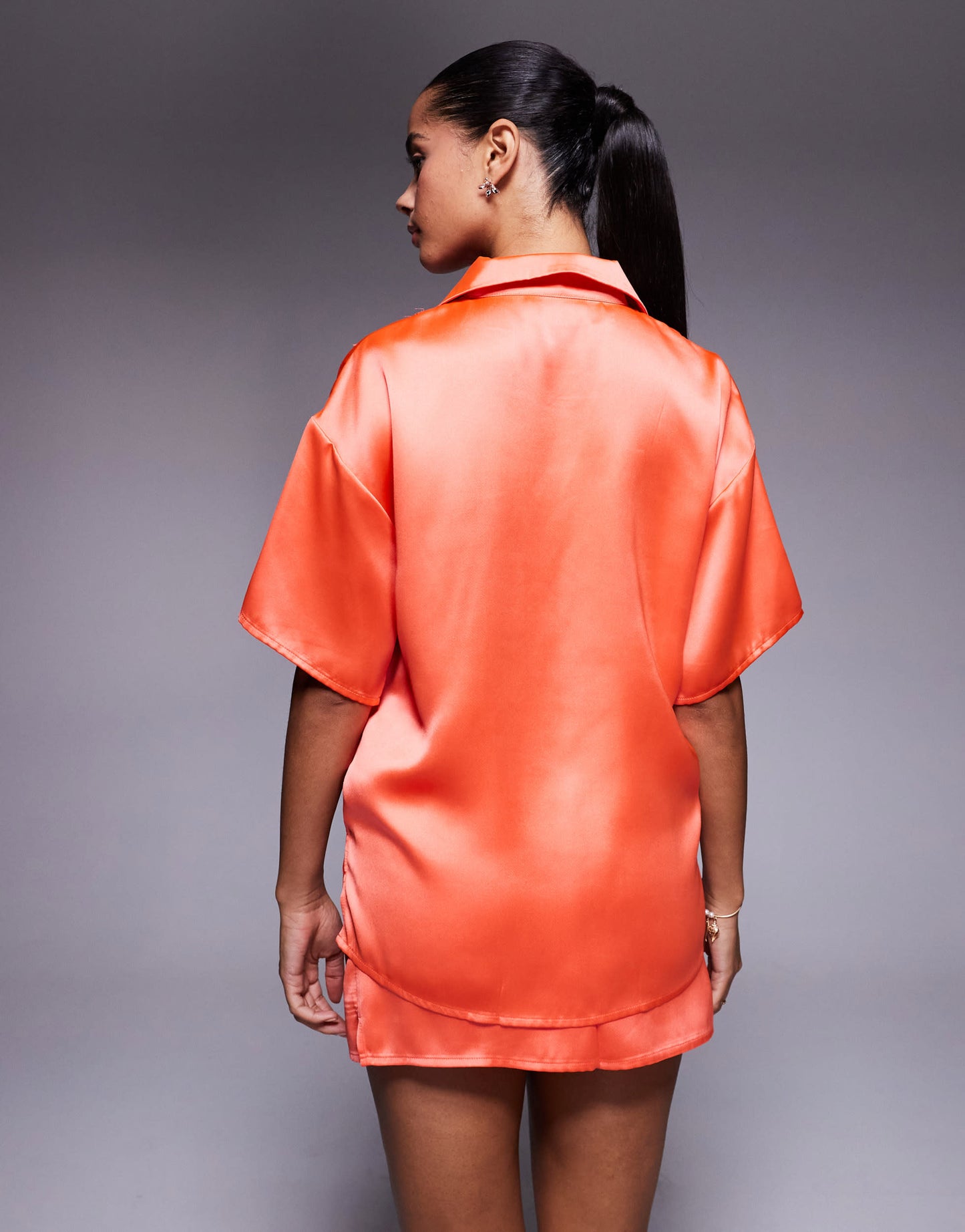 ASOS DESIGN short sleeve satin co-ord shirt in coral