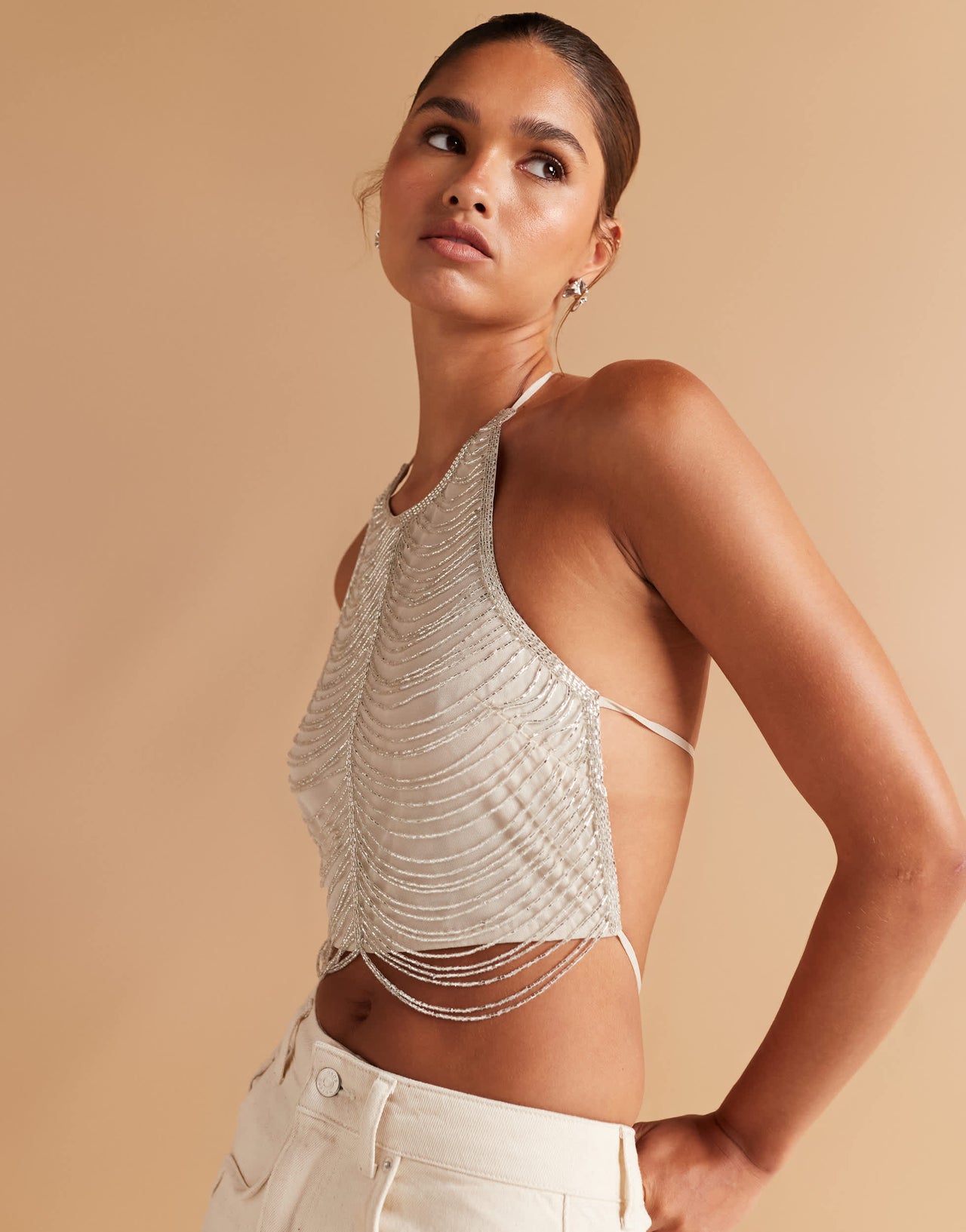 ASOS DESIGN halter top with fringe embellishment in ivory
