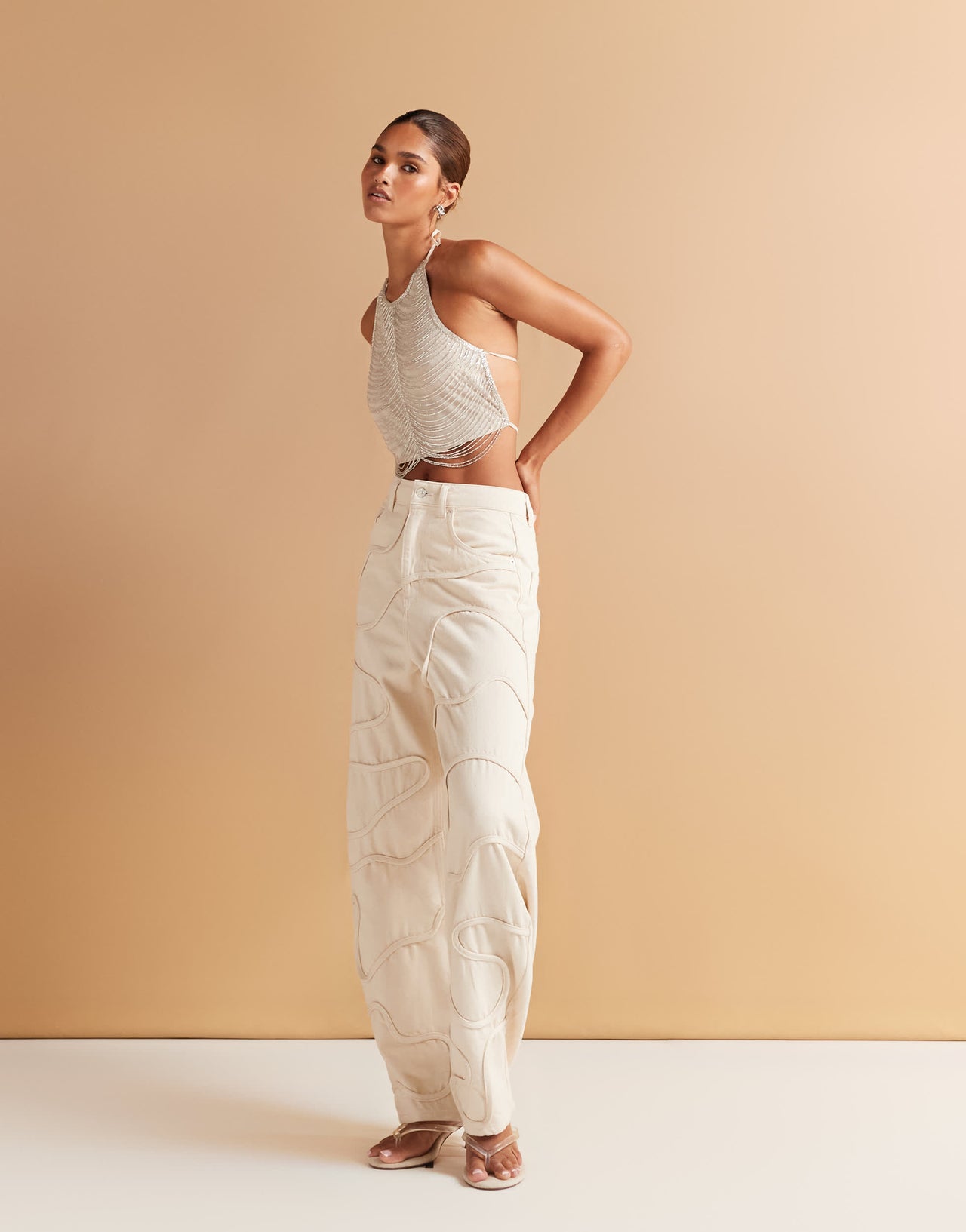 ASOS DESIGN halter top with fringe embellishment in ivory