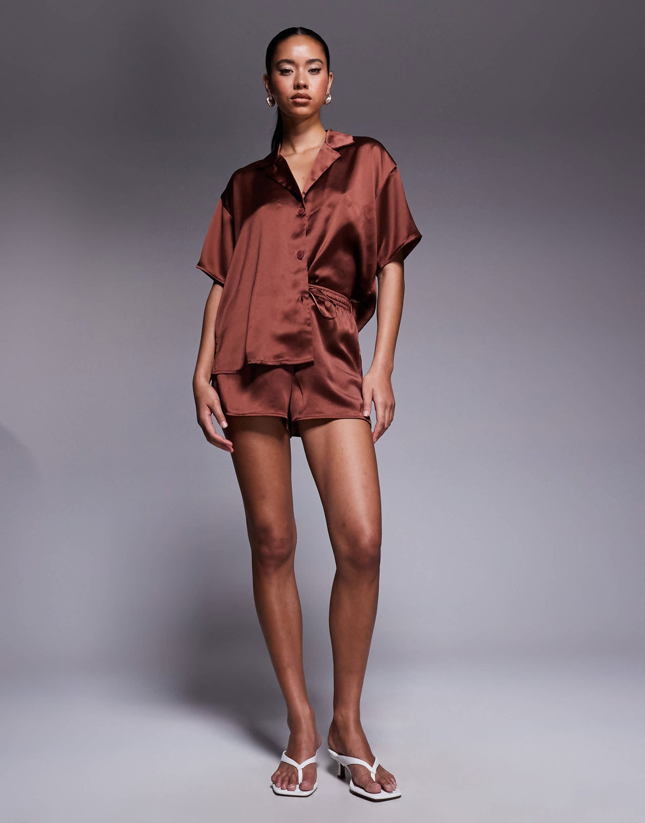 ASOS DESIGN satin short co-ord in brown