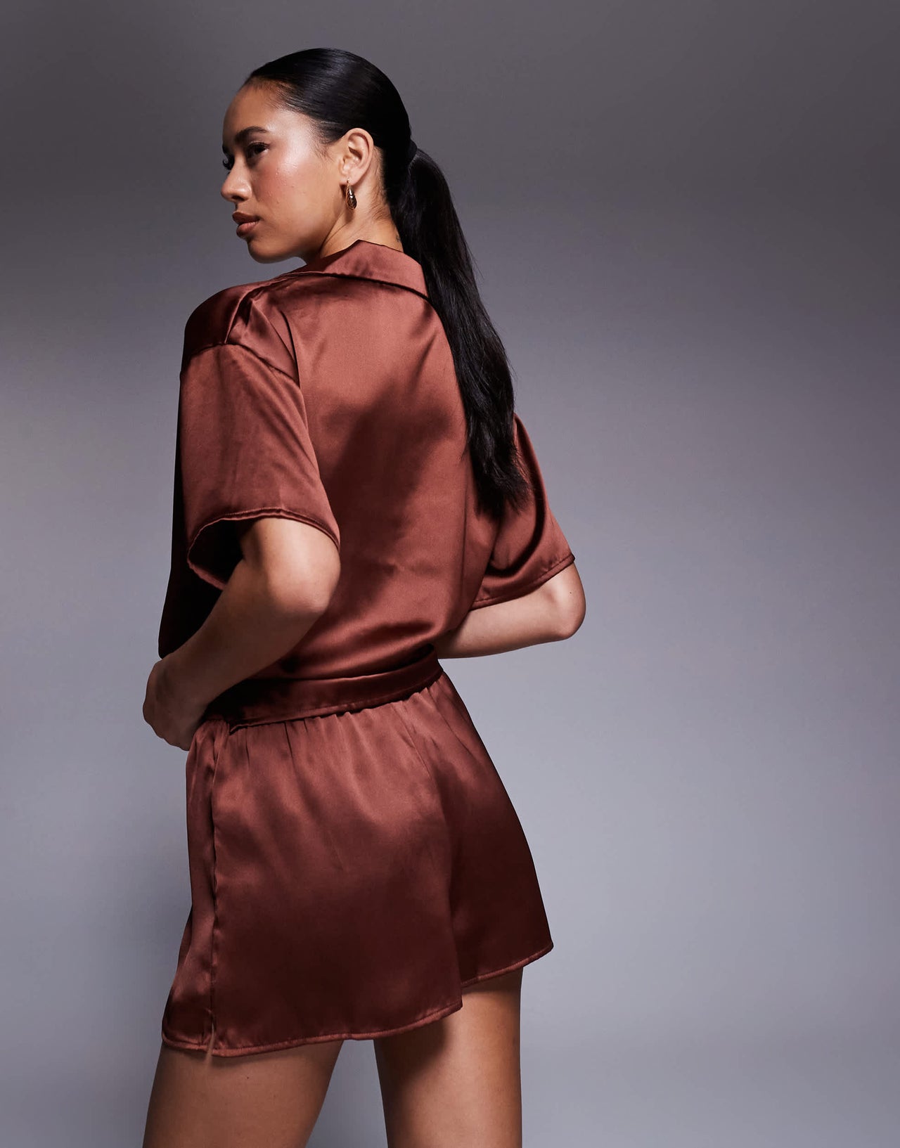 ASOS DESIGN satin short co-ord in brown