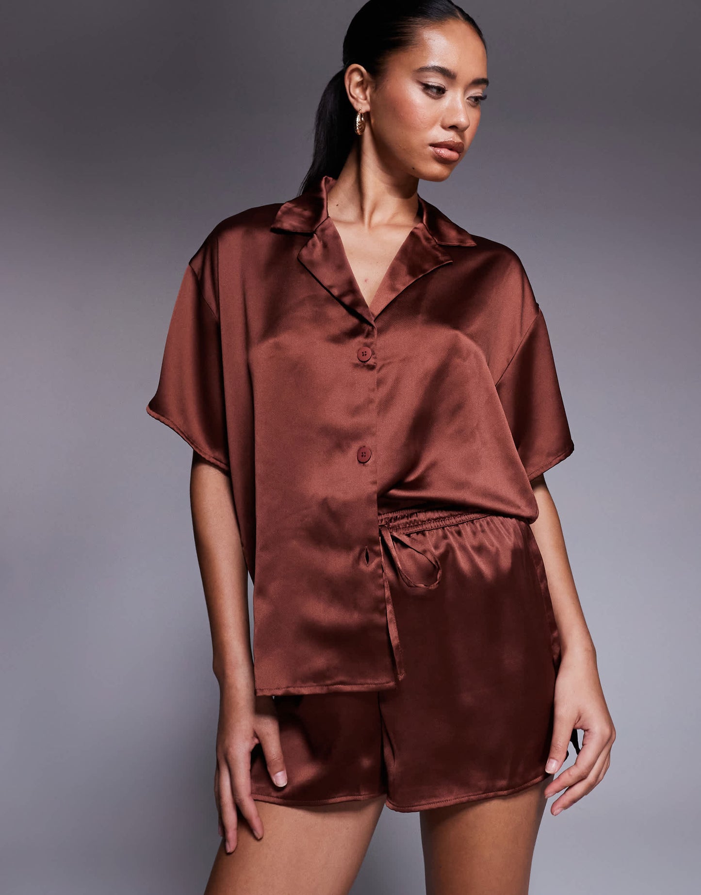 ASOS DESIGN satin short co-ord in brown