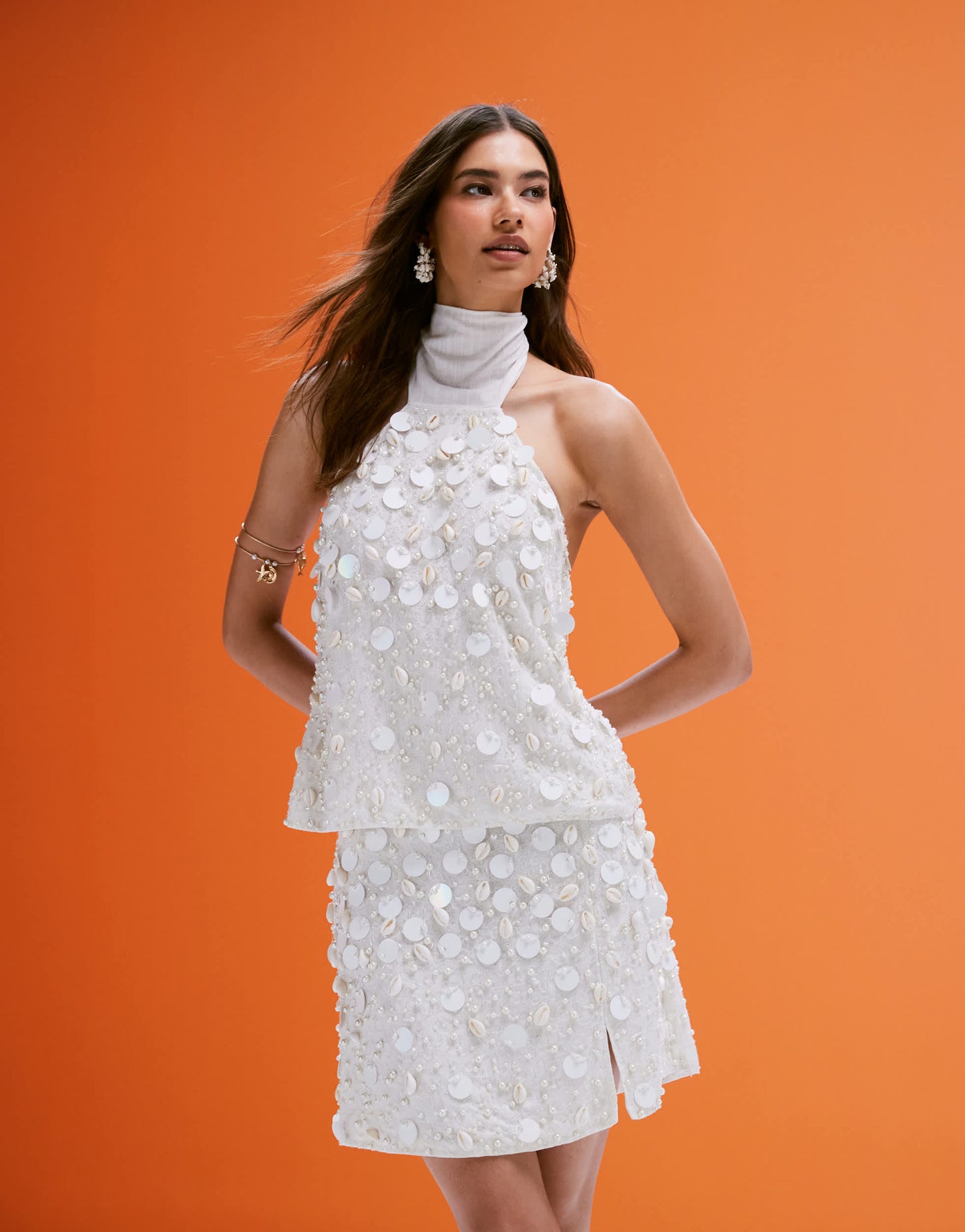 ASOS DESIGN co-ord linen blend halter top with faux shell and sequin embellisment in cream