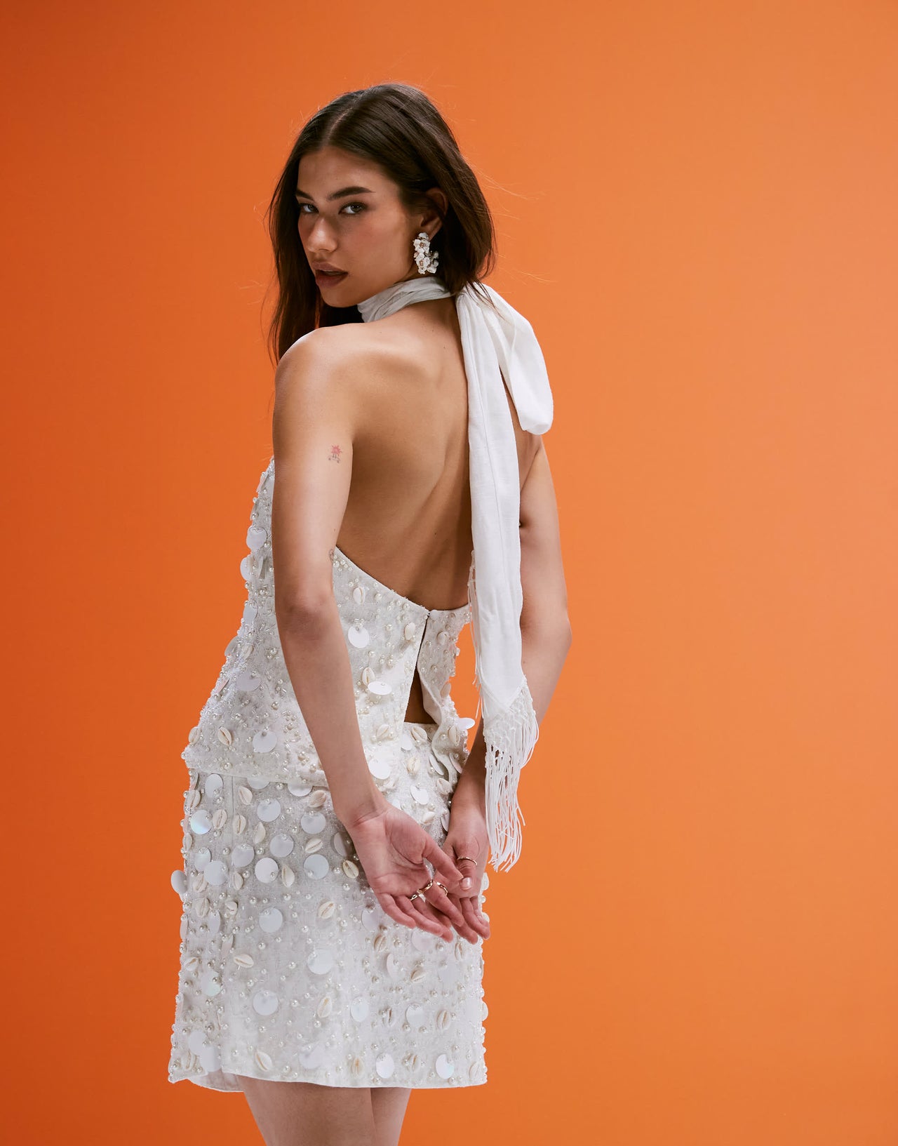 ASOS DESIGN co-ord linen blend halter top with faux shell and sequin embellisment in cream