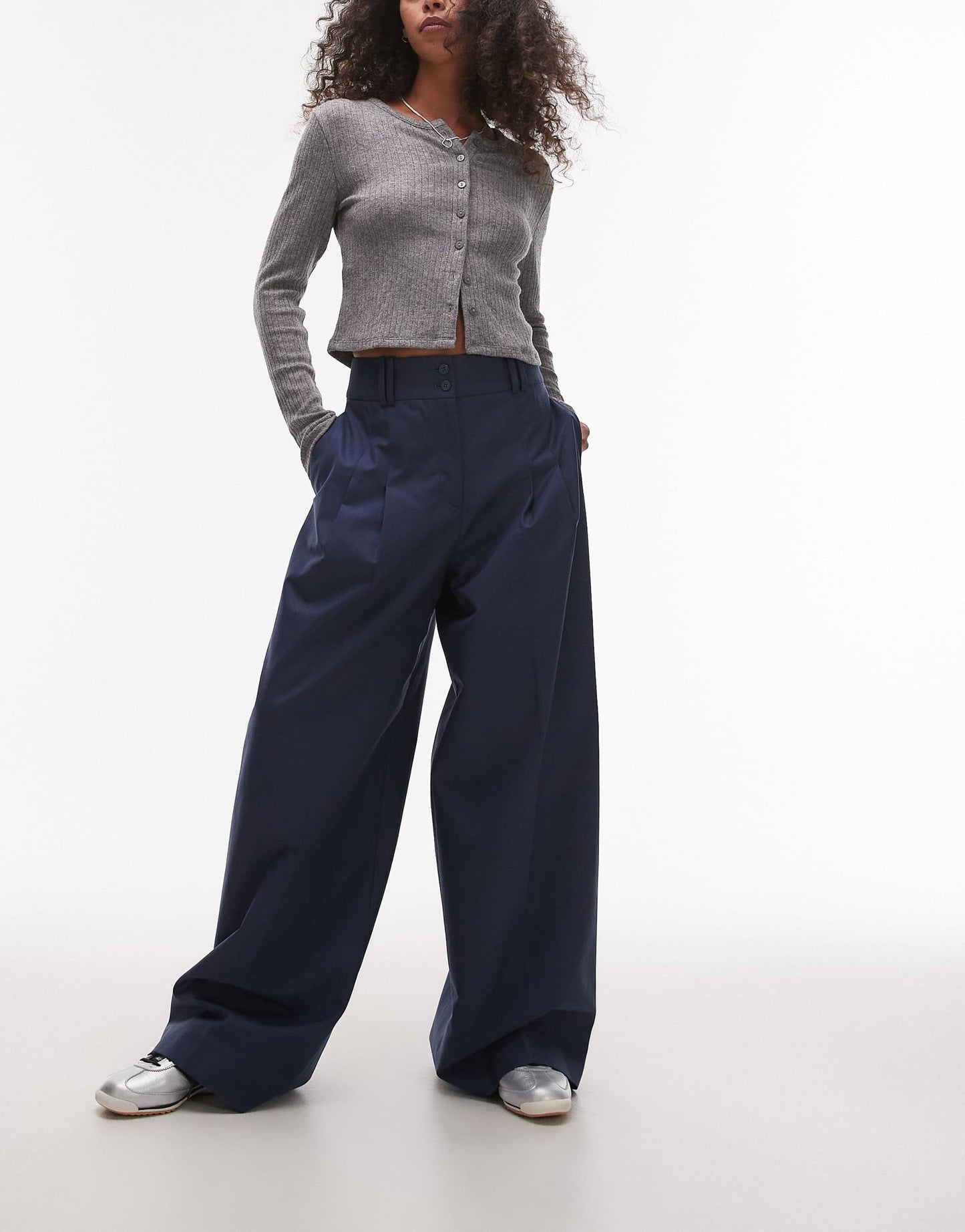 & Other Stories relaxed wide leg tailored trousers with pleat front in blue