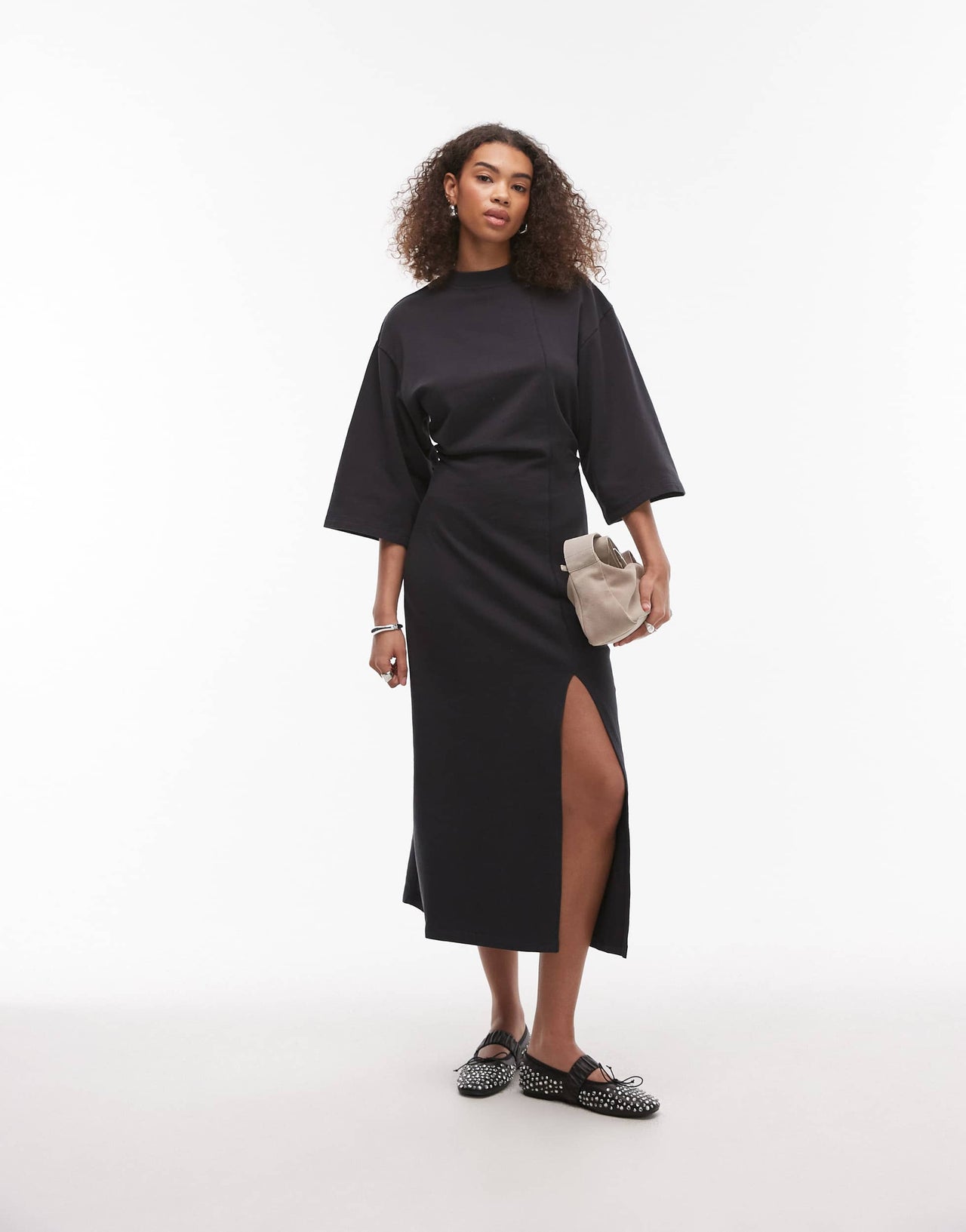 & Other Stories jersey midi dress with wide sleeves and front split in black
