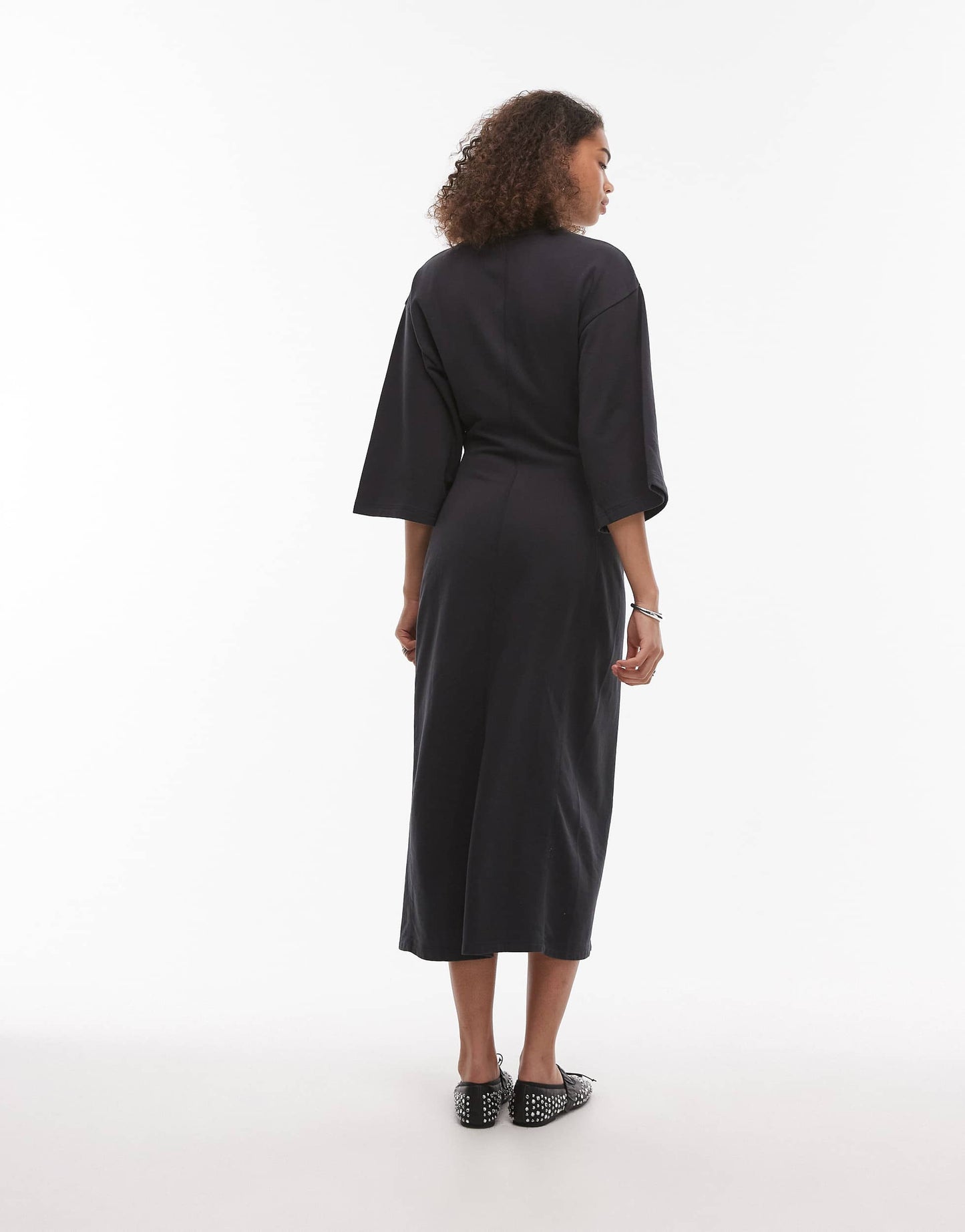 & Other Stories jersey midi dress with wide sleeves and front split in black