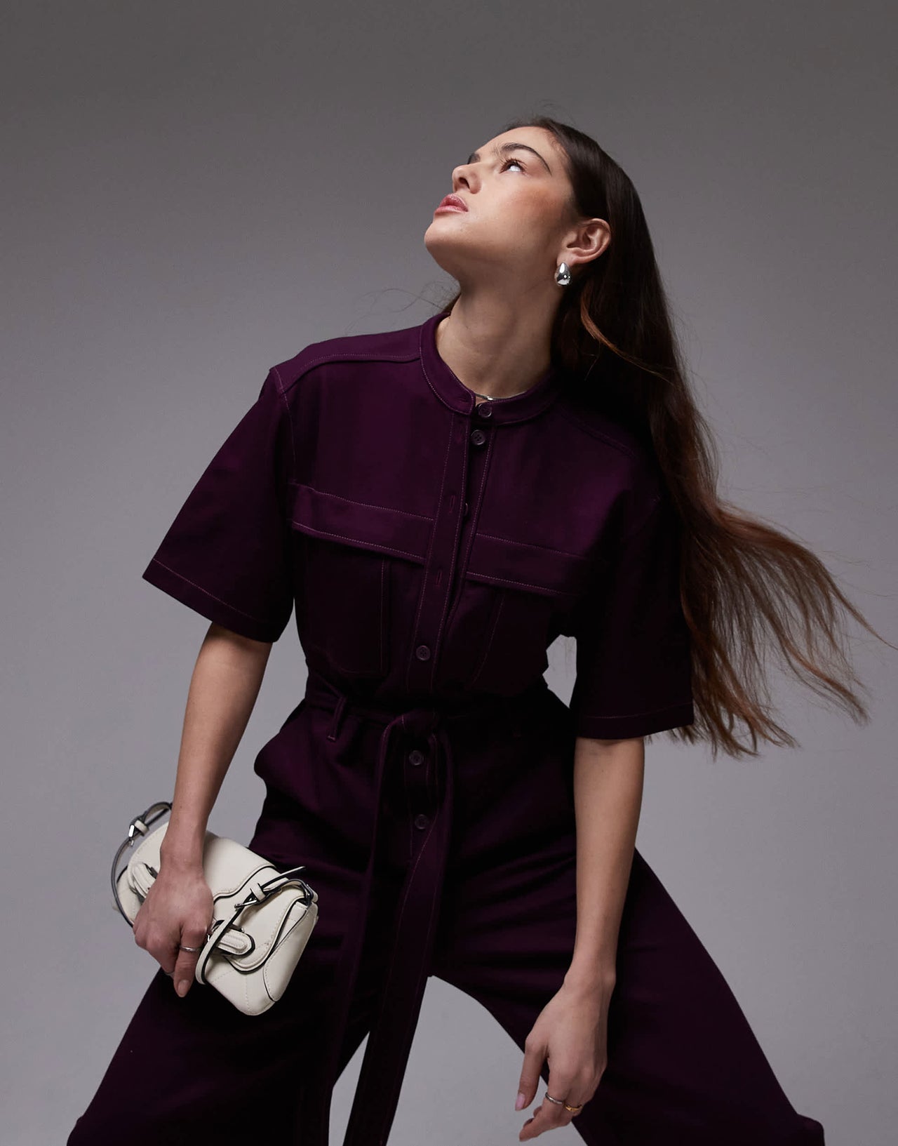 & Other Stories wide leg stretch jumpsuit with tie waist and utility pockets in dark lilac