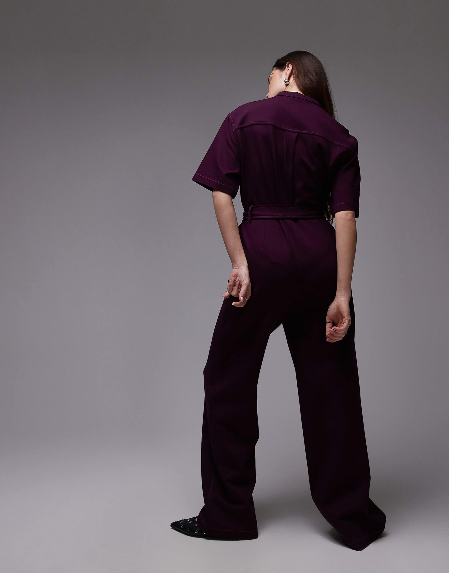 & Other Stories wide leg stretch jumpsuit with tie waist and utility pockets in dark lilac