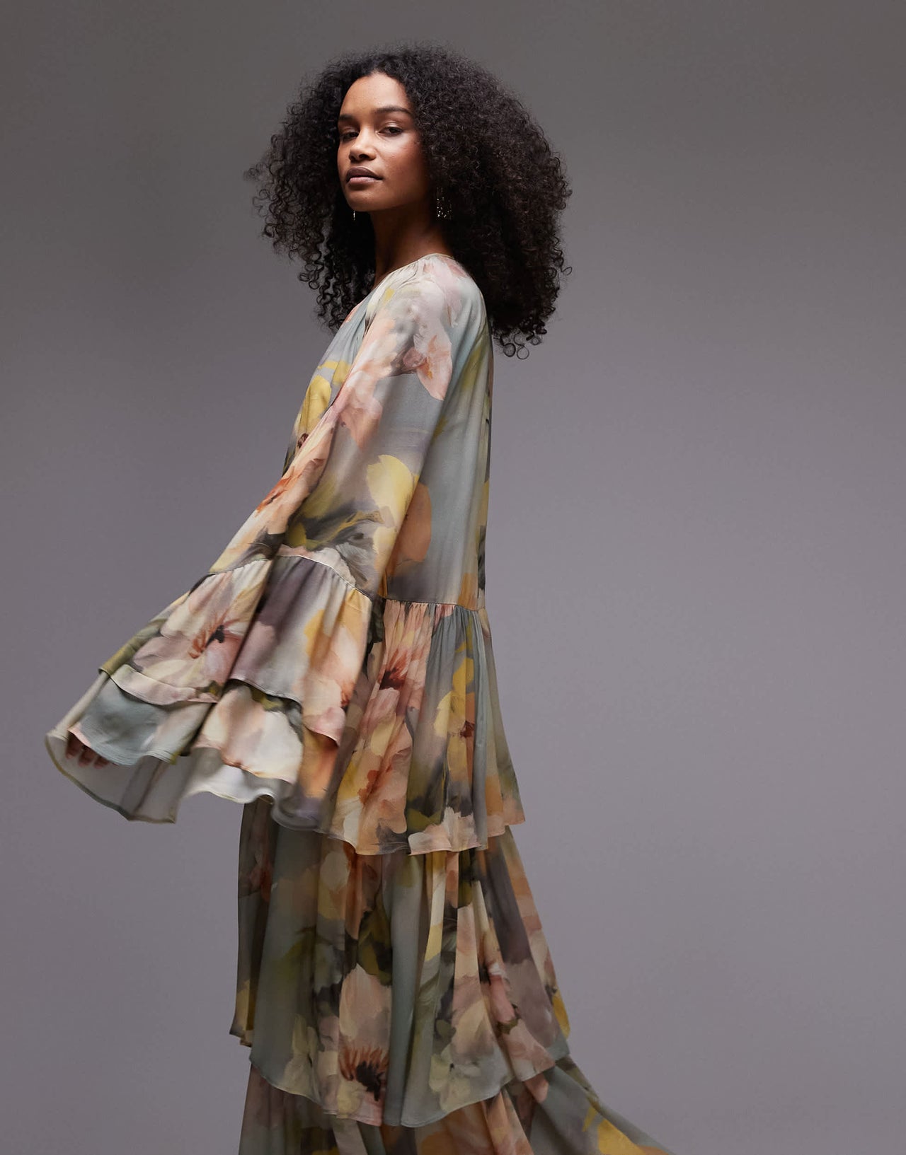 & Other Stories tiered maxi dress with ruffle sleeve detail in watercolour floral print