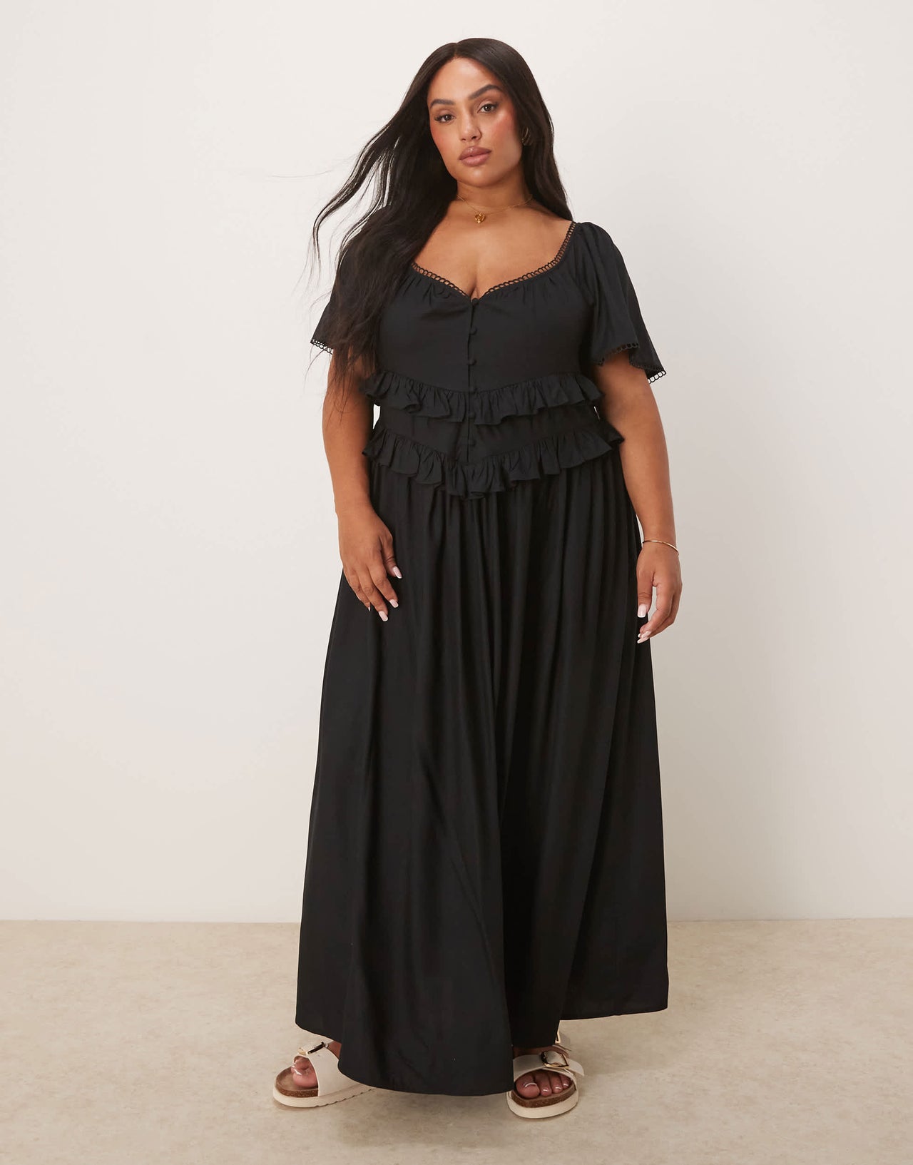 ASOS DESIGN Curve flutter sleeve waisted maxi dress in black