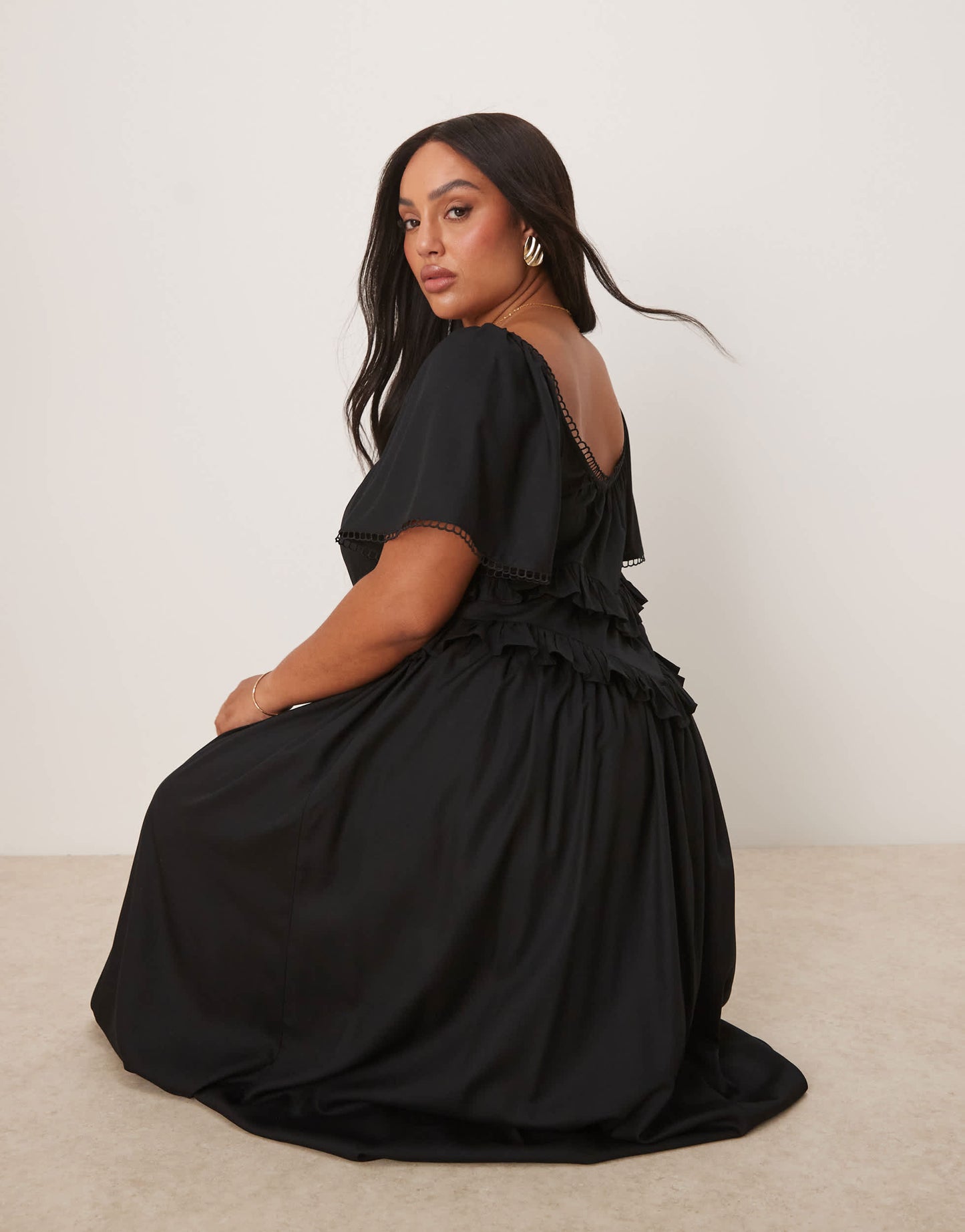 ASOS DESIGN Curve flutter sleeve waisted maxi dress in black