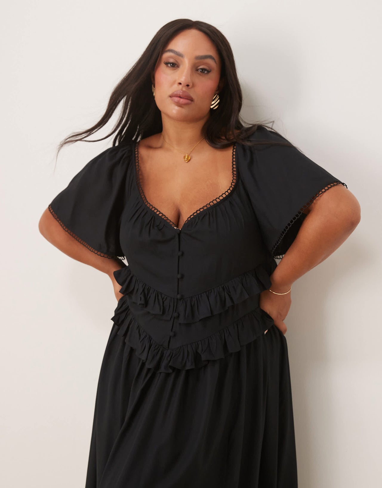 ASOS DESIGN Curve flutter sleeve waisted maxi dress in black