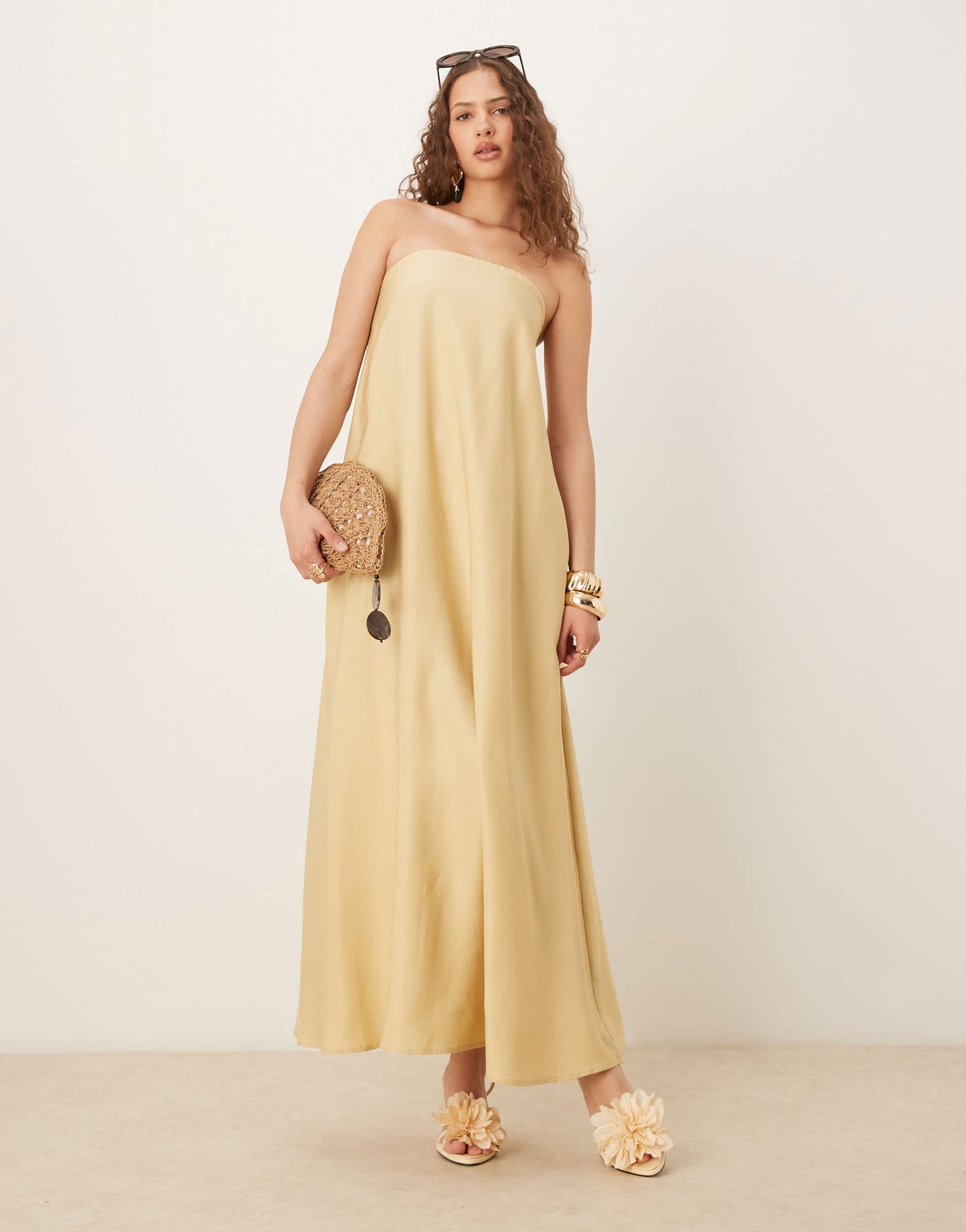 ASOS DESIGN cupro bandeau maxi sundress in stone