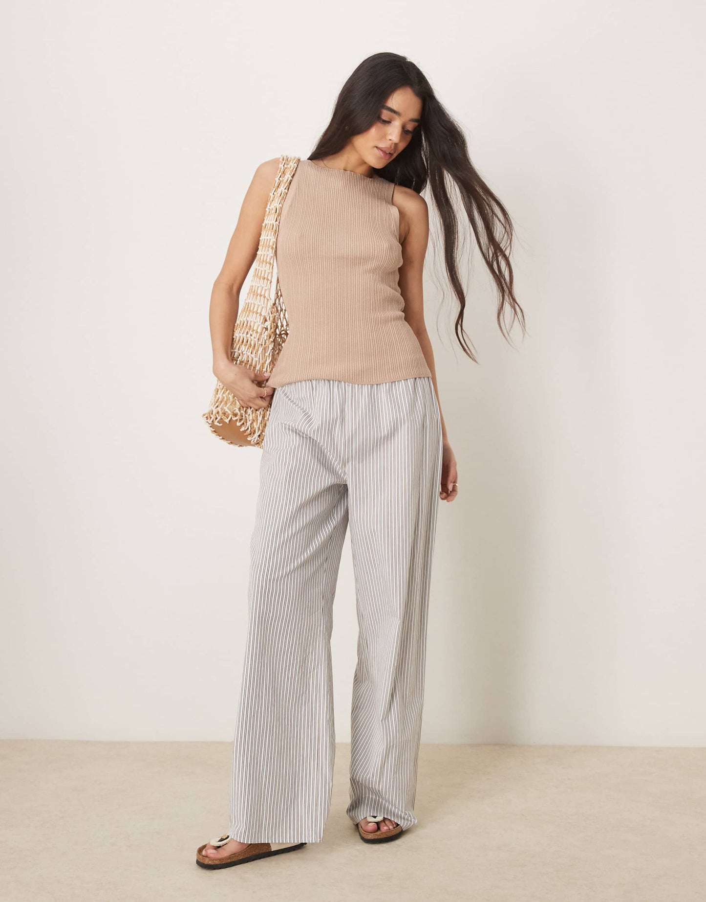 ASOS DESIGN knitted slash neck rib cami top in taupe