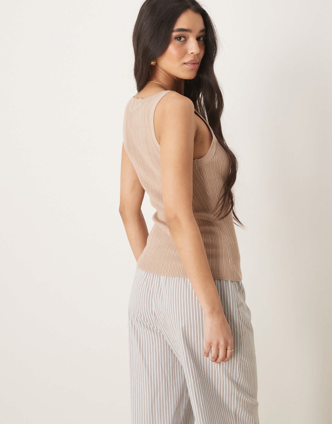 ASOS DESIGN knitted slash neck rib cami top in taupe