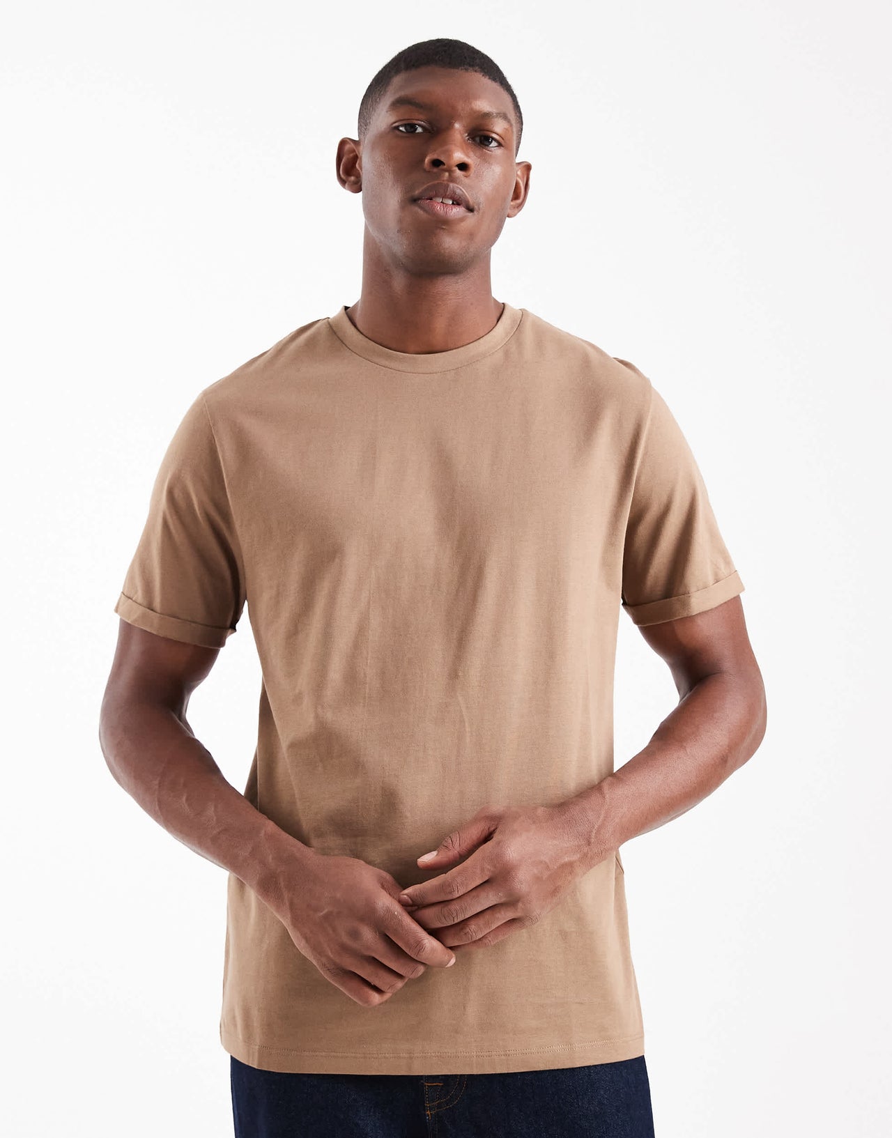 ASOS DESIGN Essentials roll sleeve t-shirt with crew neck in brown