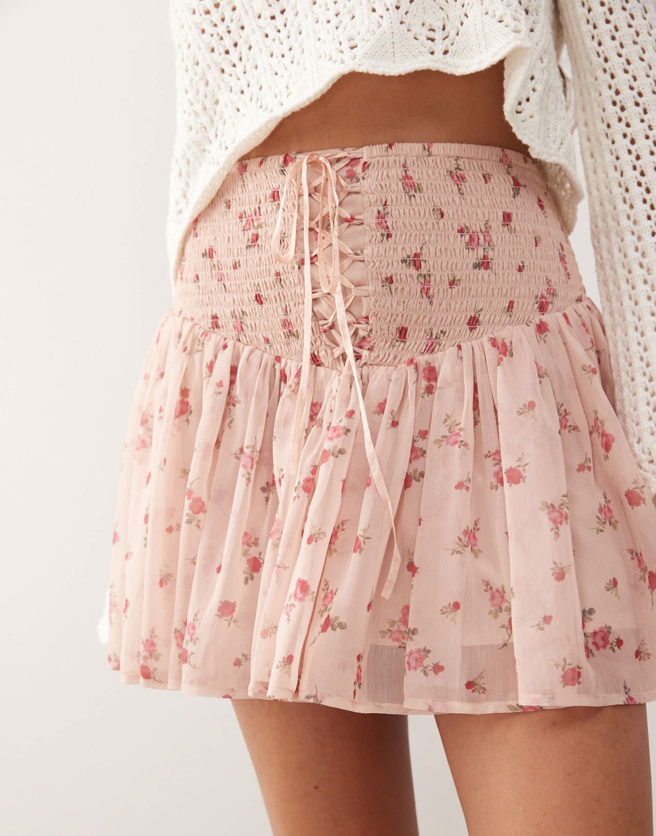 Miss Selfridge shirred waist chiffon mini skirt in pink ditsy print
