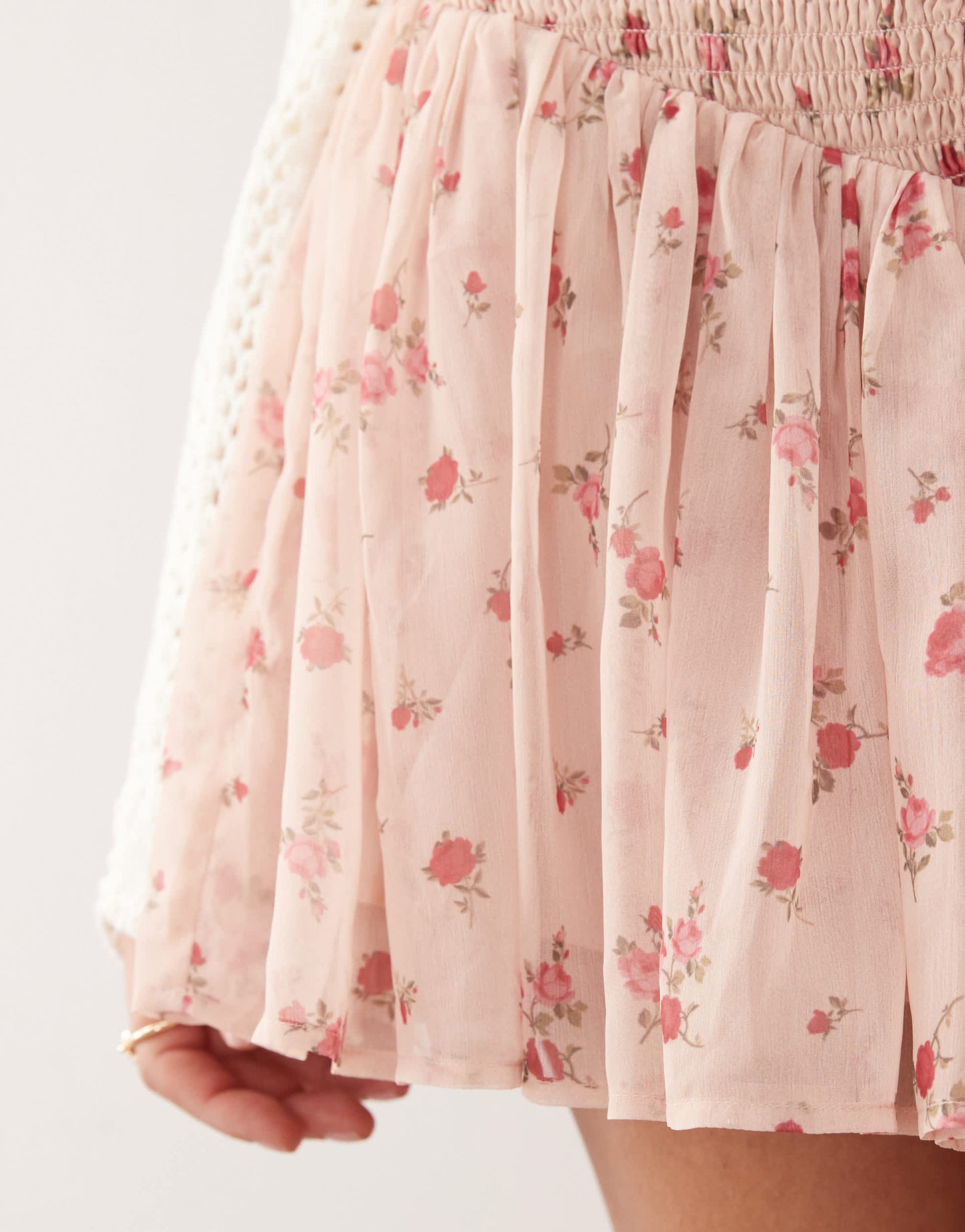 Miss Selfridge shirred waist chiffon mini skirt in pink ditsy print