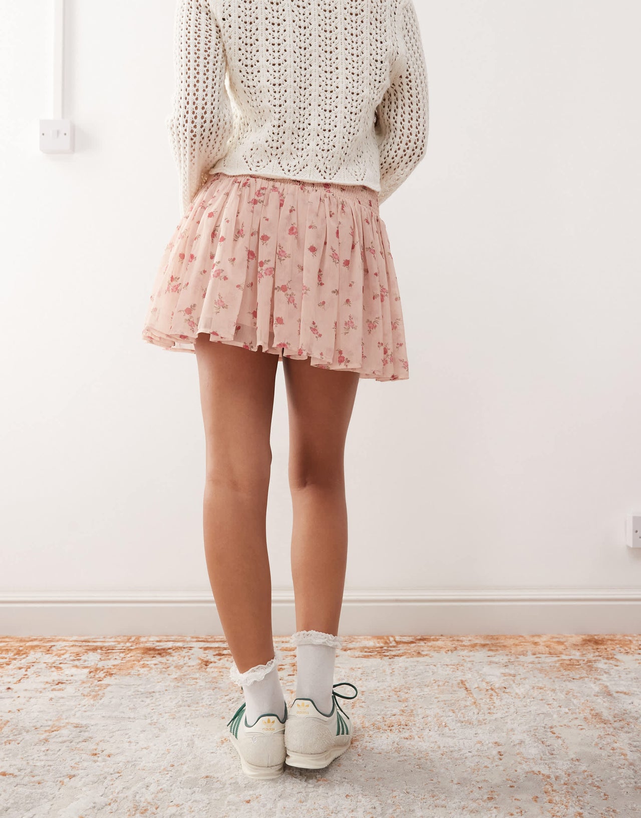 Miss Selfridge shirred waist chiffon mini skirt in pink ditsy print