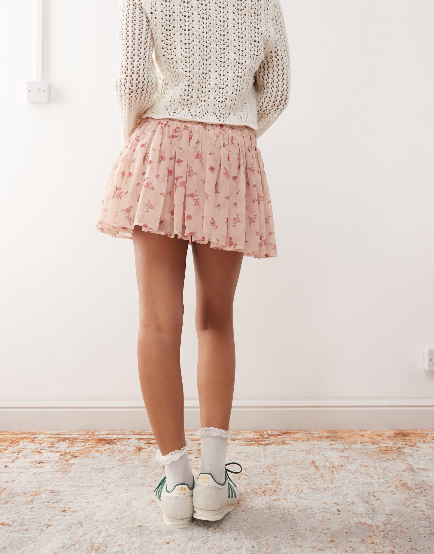 Miss Selfridge shirred waist chiffon mini skirt in pink ditsy print