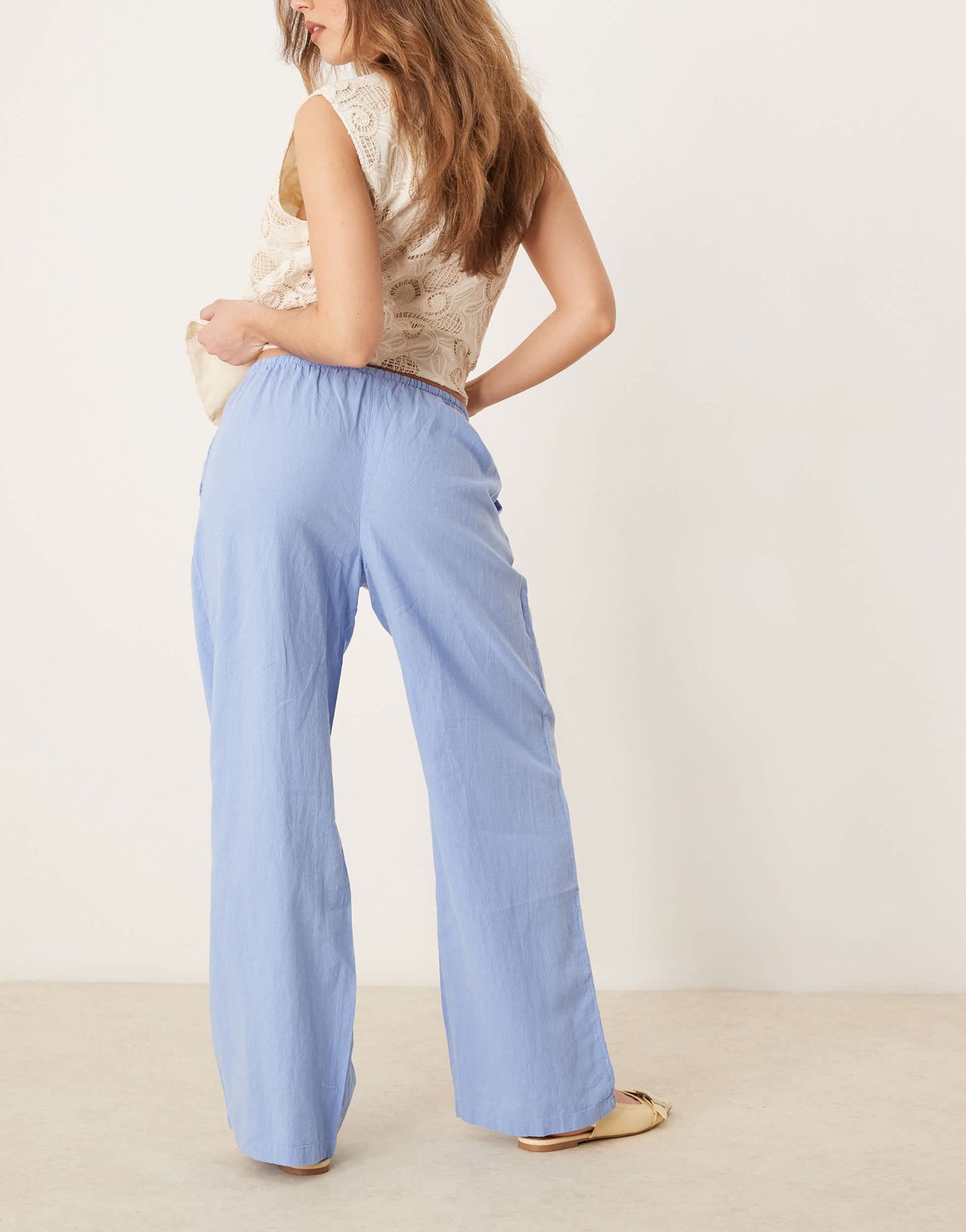 Gina Tricot wide leg linen blend trousers with drawstring waist in blue