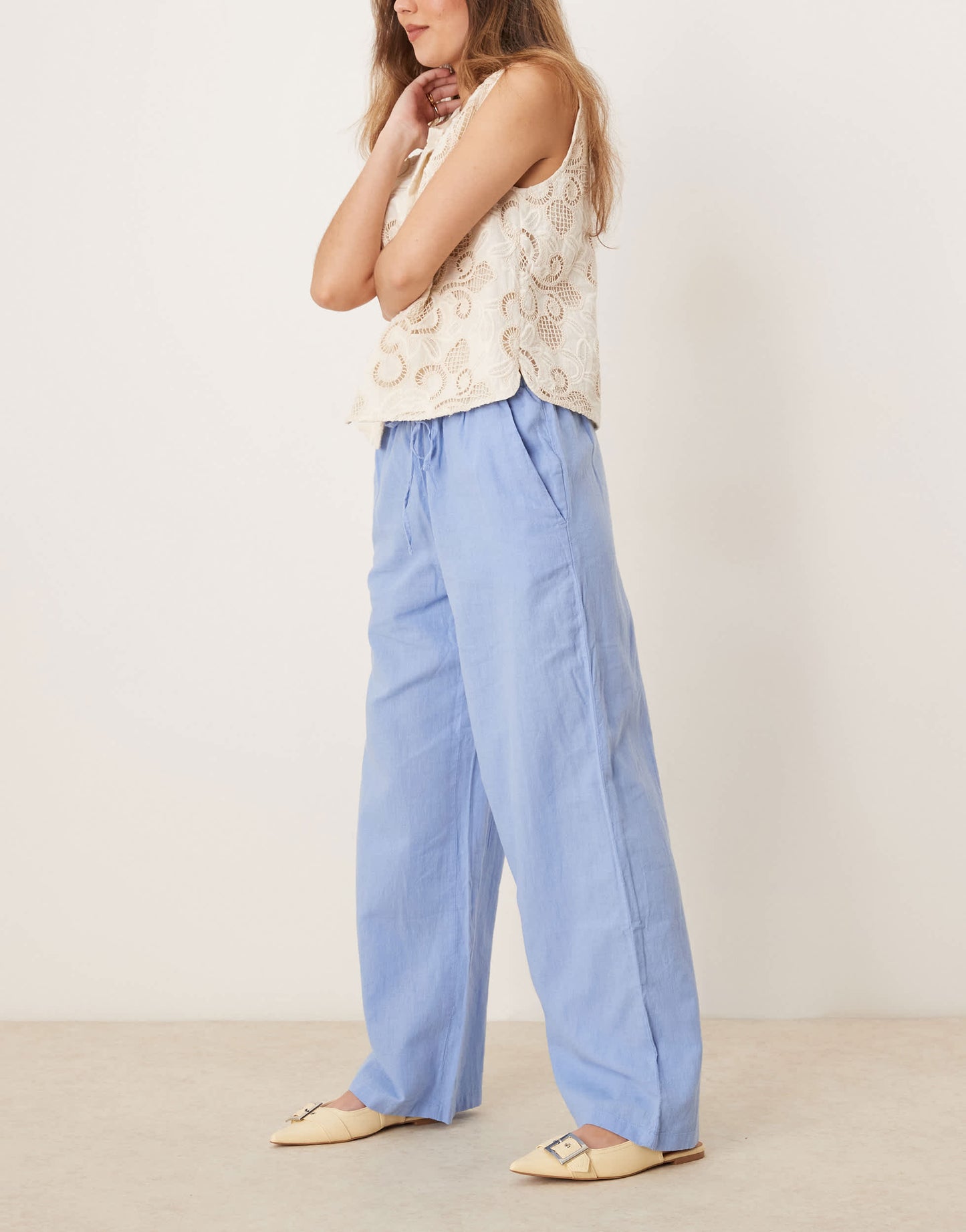 Gina Tricot wide leg linen blend trousers with drawstring waist in blue