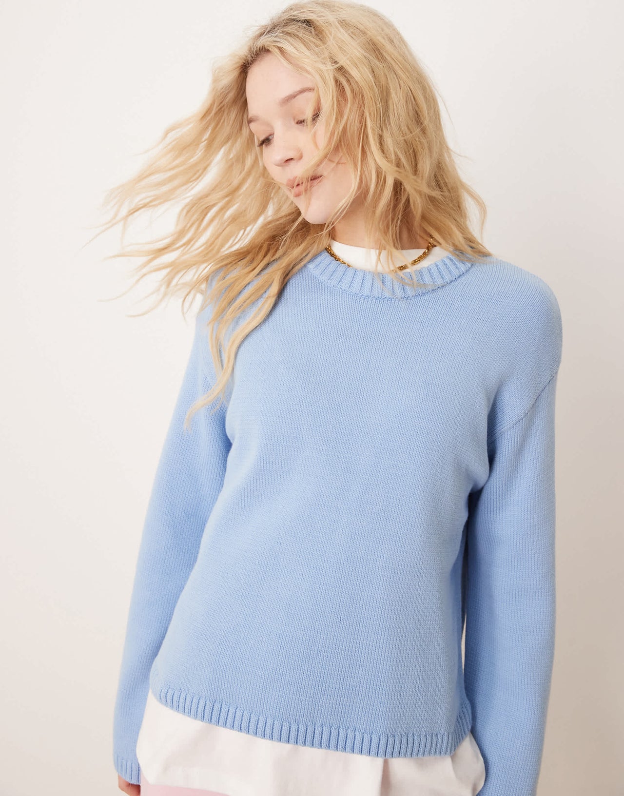Gina Tricot cotton blend knitted sweater with crew neck in blue