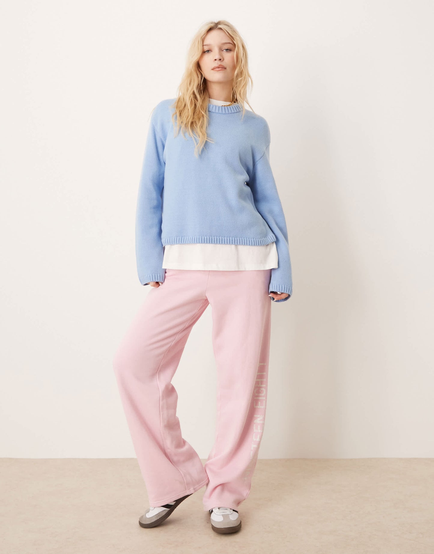 Gina Tricot cotton blend knitted sweater with crew neck in blue