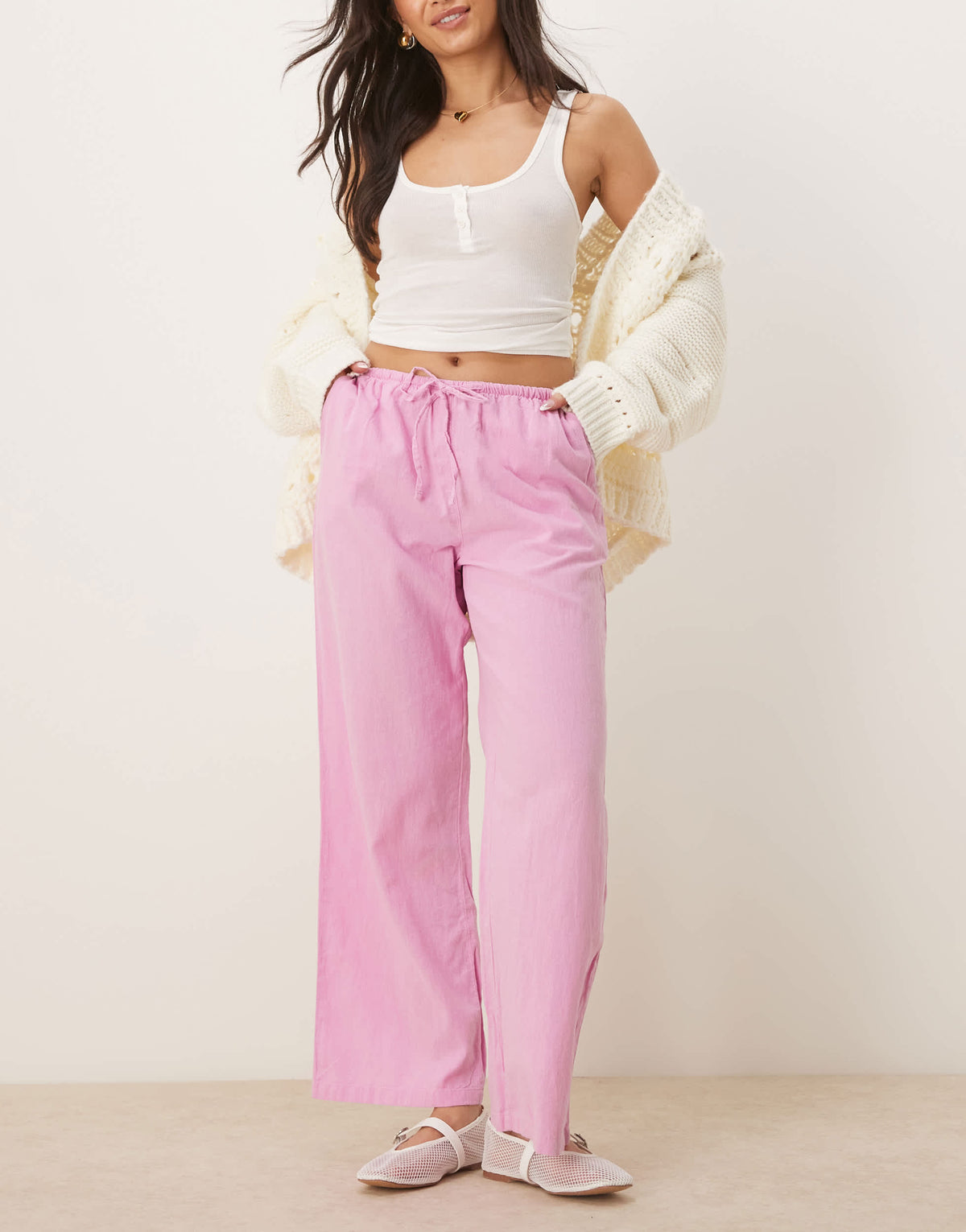 Gina Tricot wide leg linen blend trousers with drawstring waist in pink