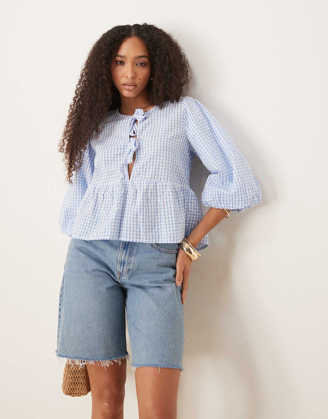 Gina Tricot mid short sleeve bow tie front blouse in light blue and white gingham
