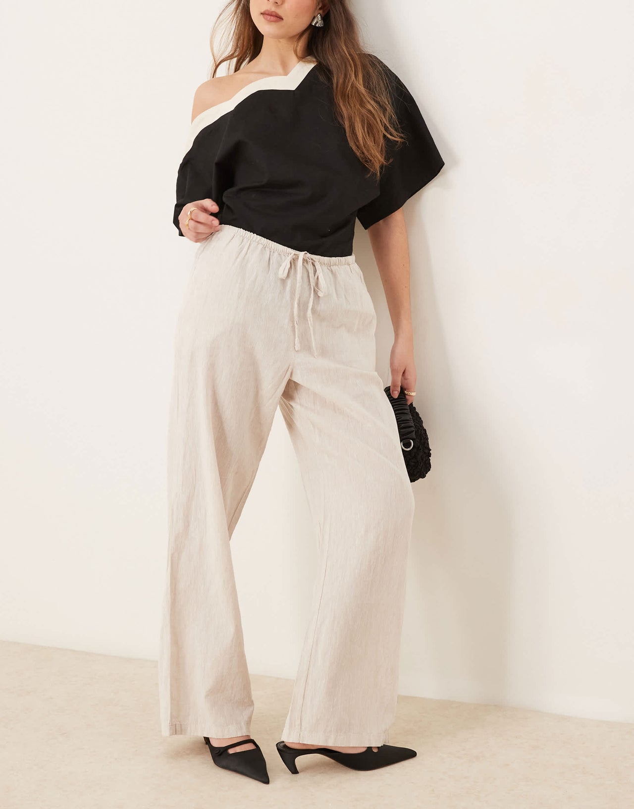 Gina Tricot wide leg linen blend trousers with drawstring waist in beige