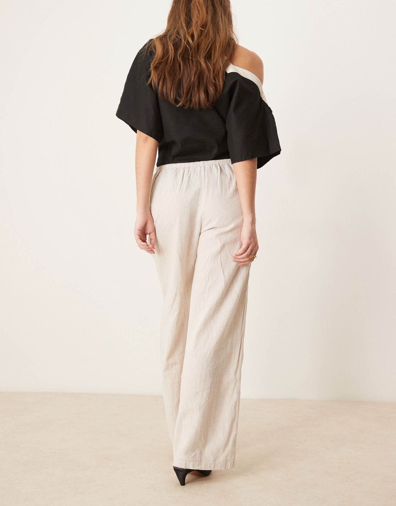 Gina Tricot wide leg linen blend trousers with drawstring waist in beige