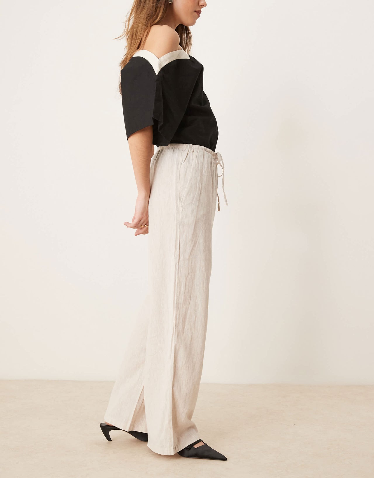Gina Tricot wide leg linen blend trousers with drawstring waist in beige