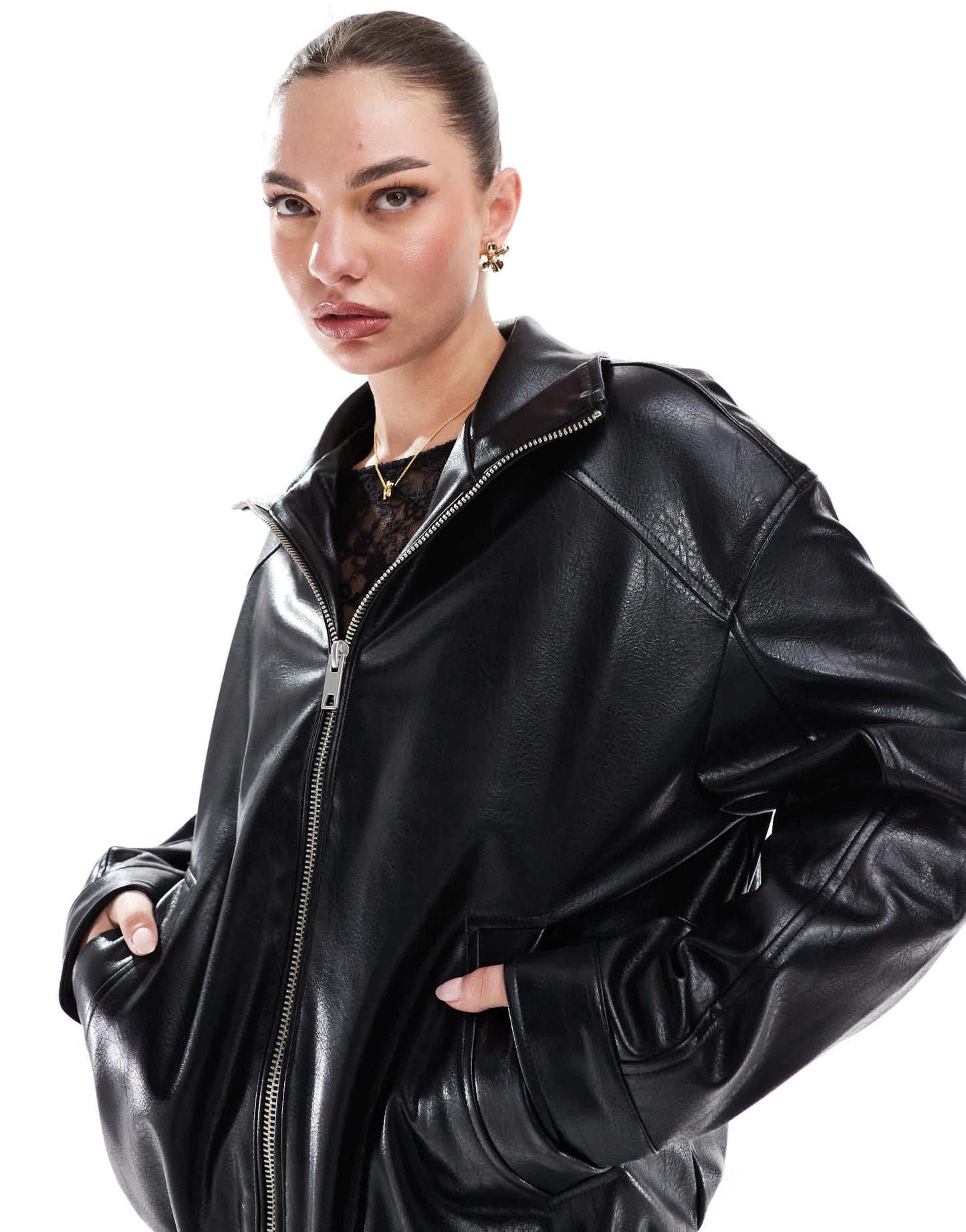 Stradivarius funnel neck pu jacket in black