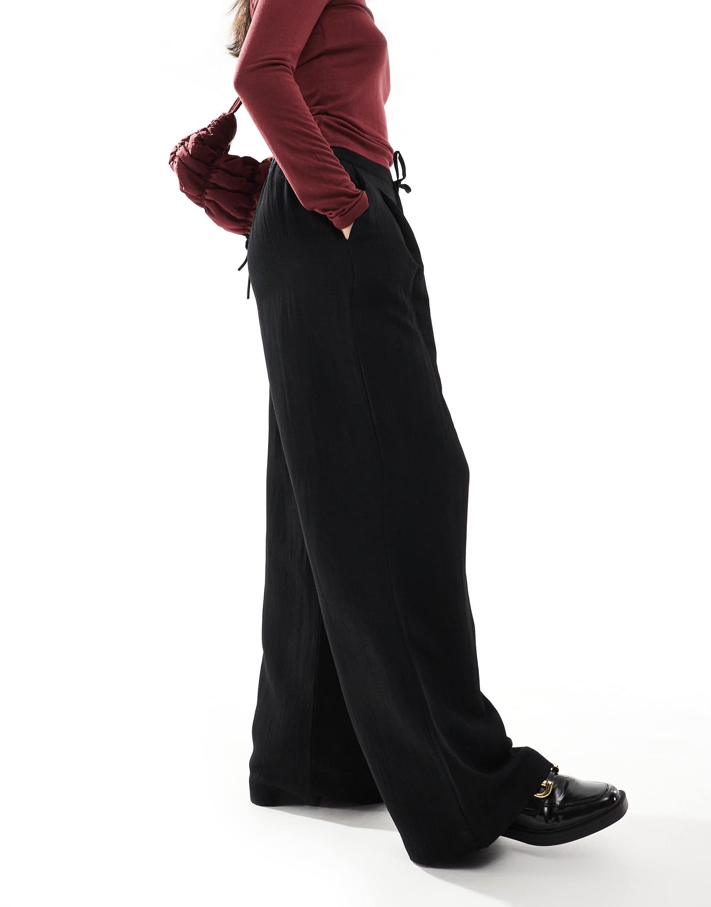 Stradivarius wide leg crinkle tie waist trouser in black