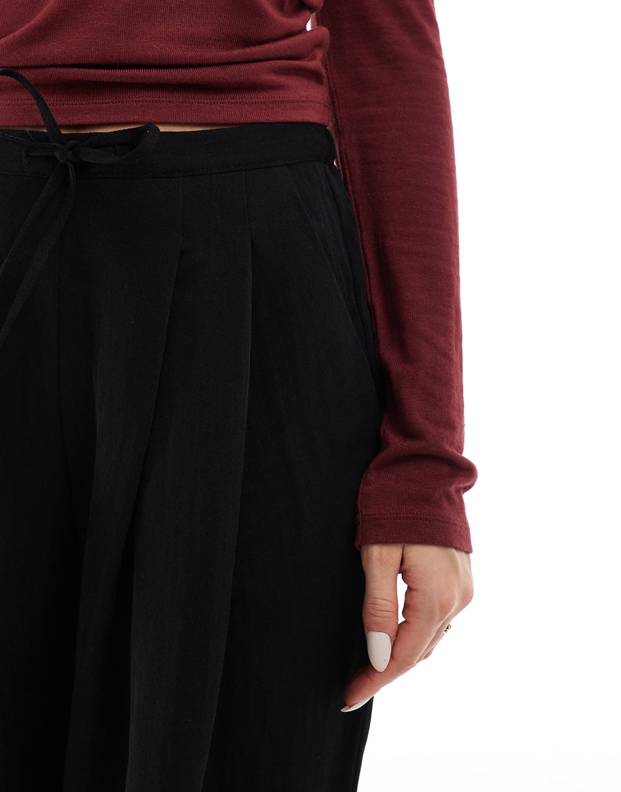 Stradivarius wide leg crinkle tie waist trouser in black