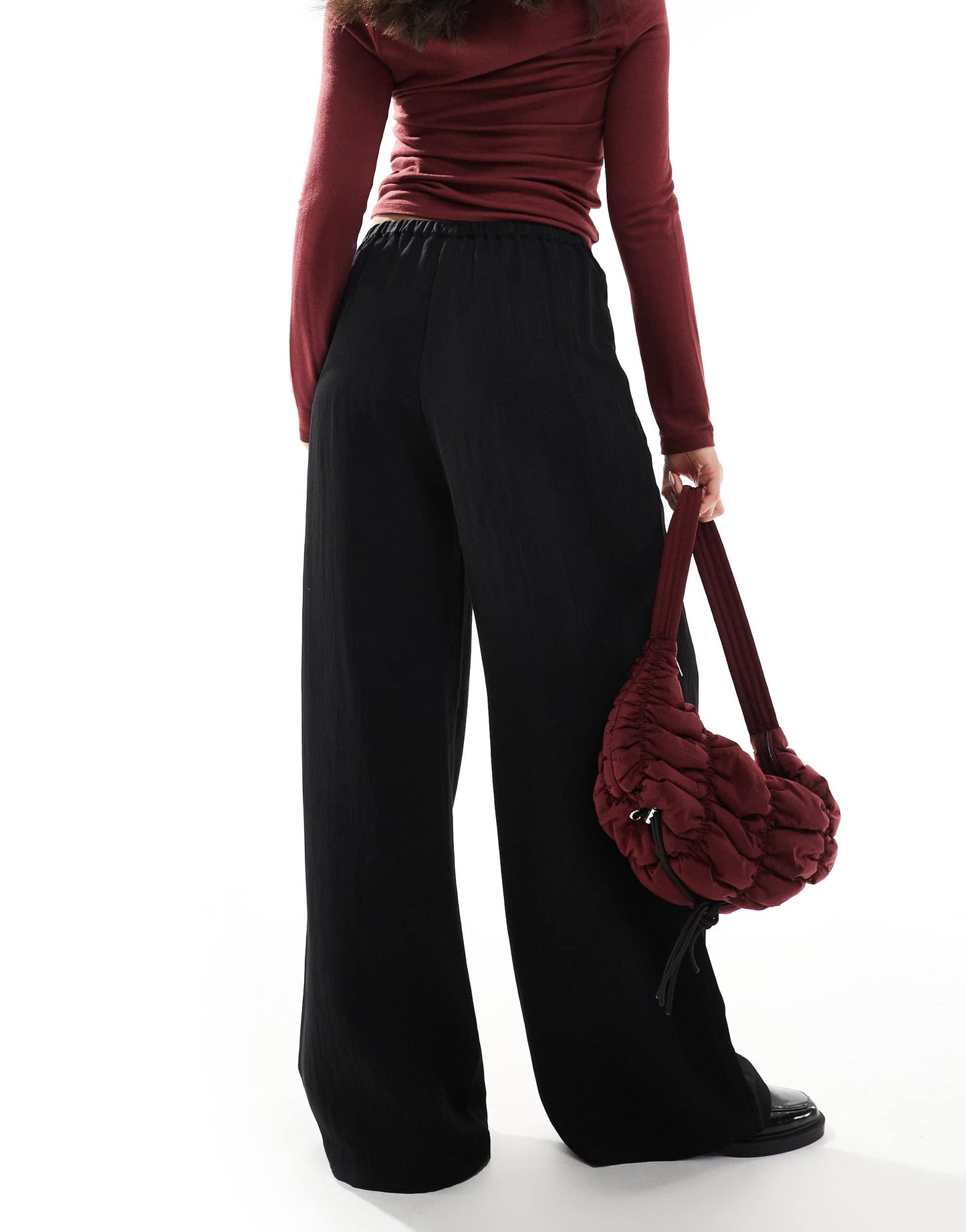 Stradivarius wide leg crinkle tie waist trouser in black
