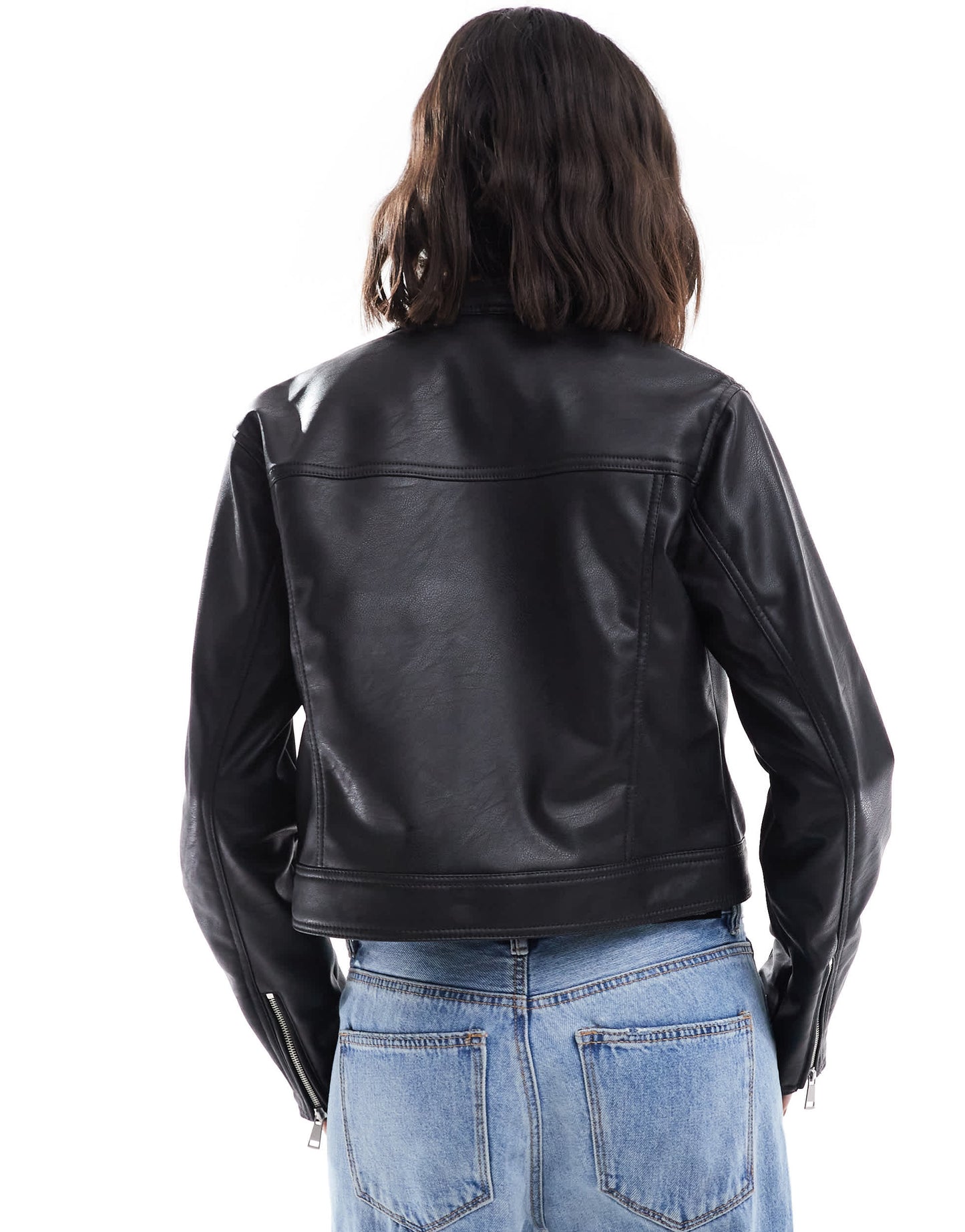 Stradivarius faux leather collarless faux leather jacket in black