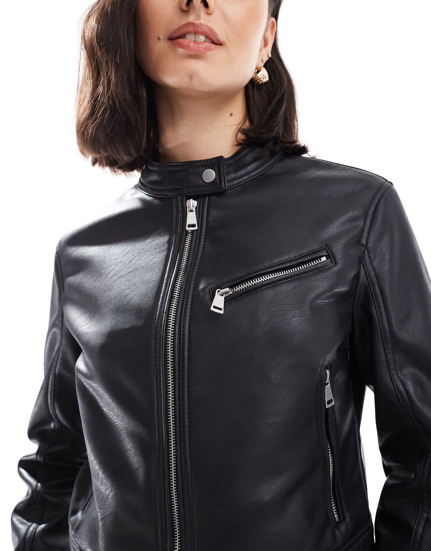 Stradivarius faux leather collarless faux leather jacket in black