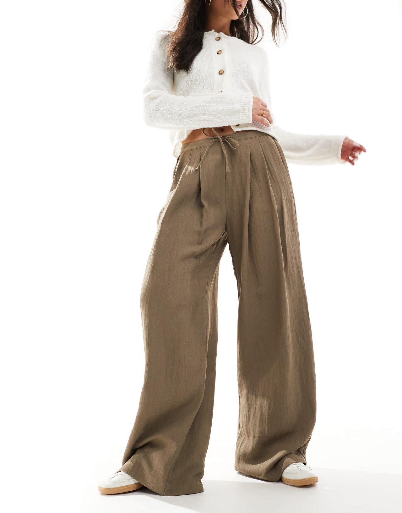 Stradivarius wide leg crinkle tie waist trouser in taupe