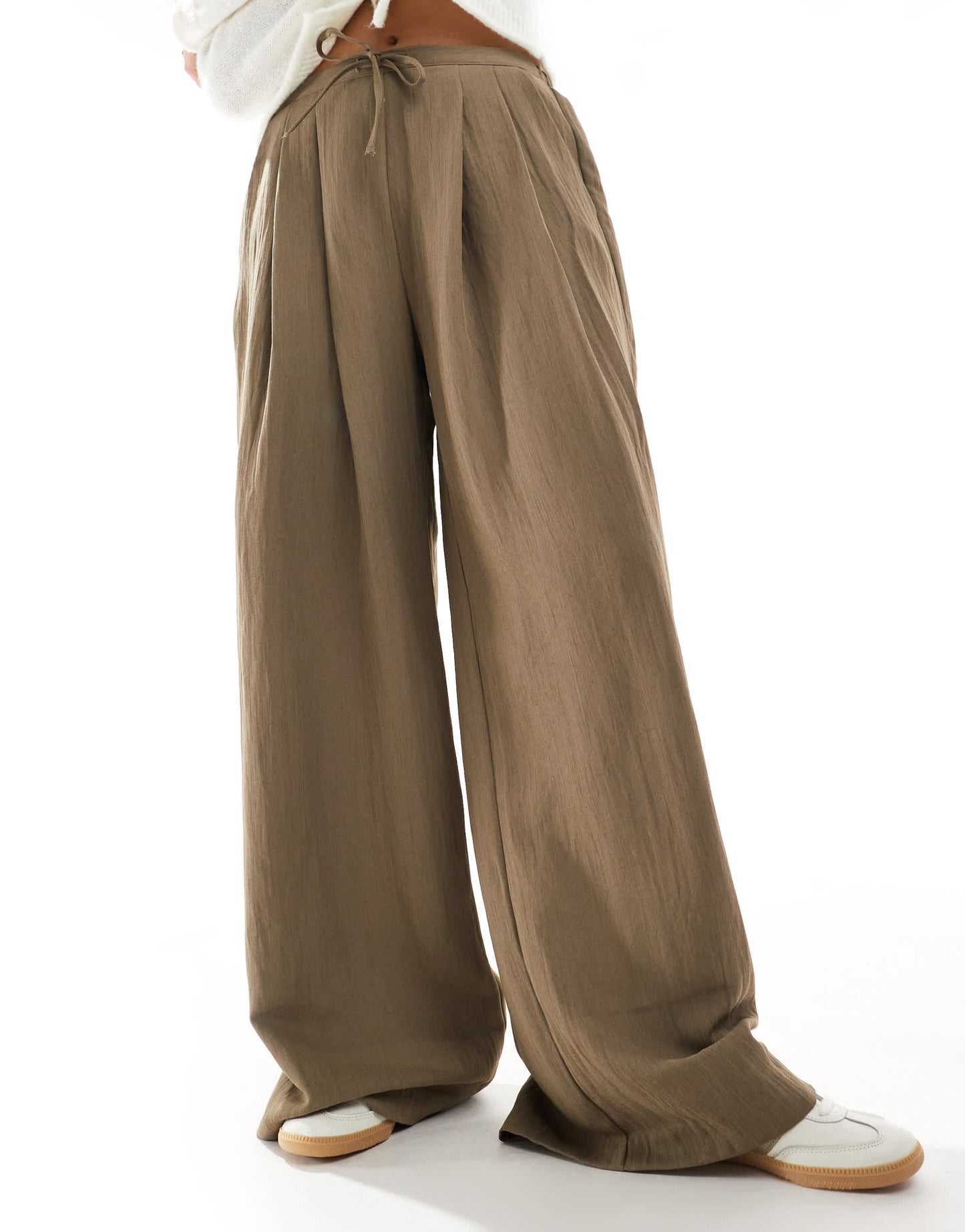 Stradivarius wide leg crinkle tie waist trouser in taupe