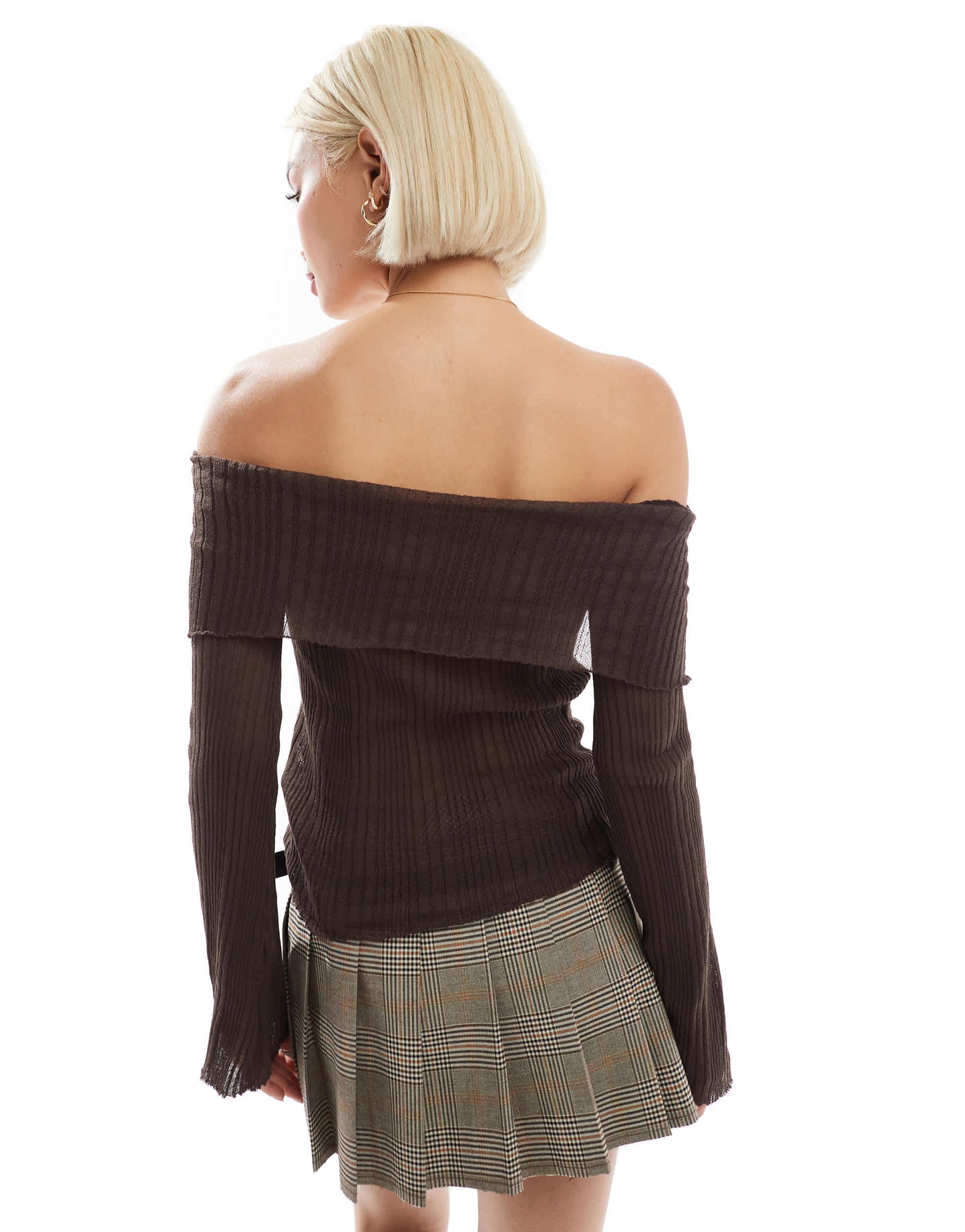 Stradivarius STR light knit off shoulder top in brown