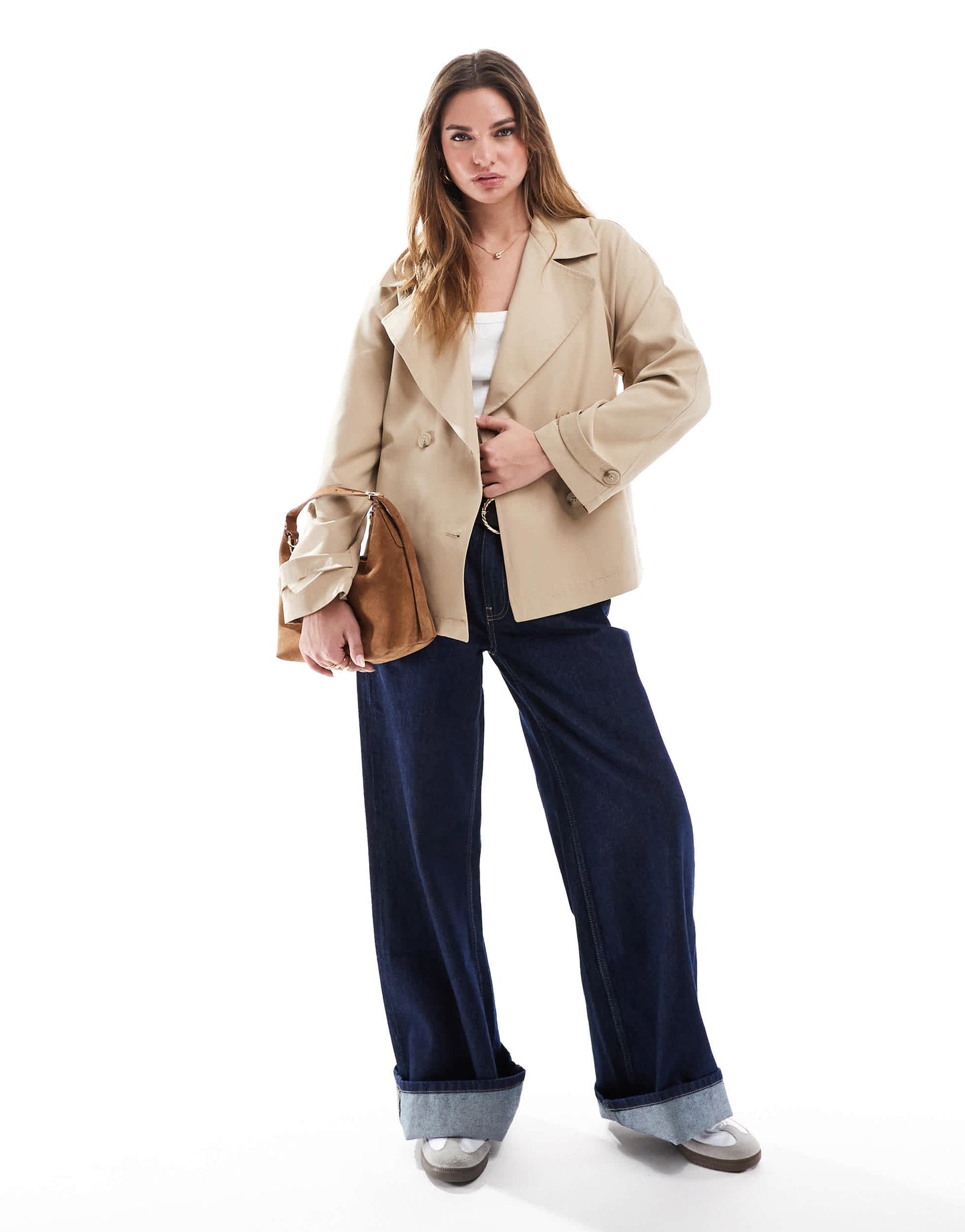Stradivarius cropped trench jacket in beige