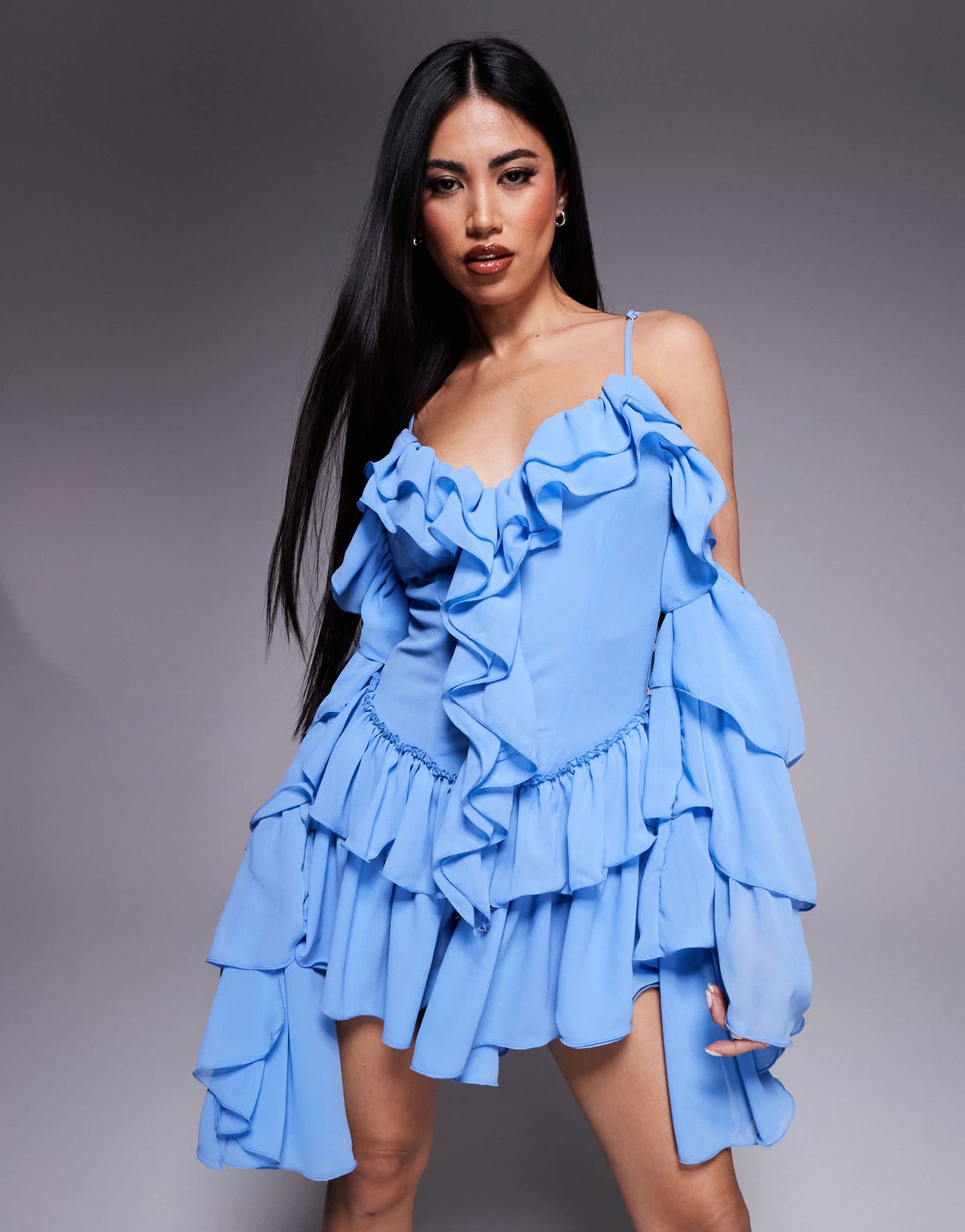 Wanderdoll Kendal ruffle cami cut out playsuit in baby blue